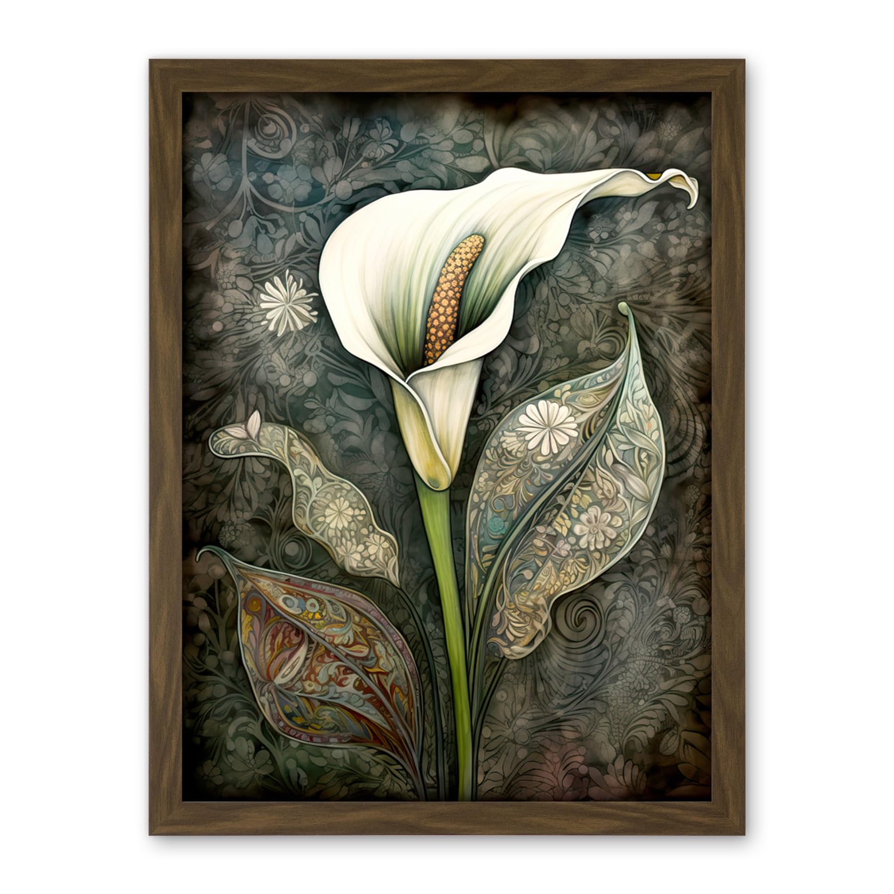 Artery8 Calla Lily Flower Bloom with Batik Style Patterns Artwork Framed Wall Art Print 18X24 Inch