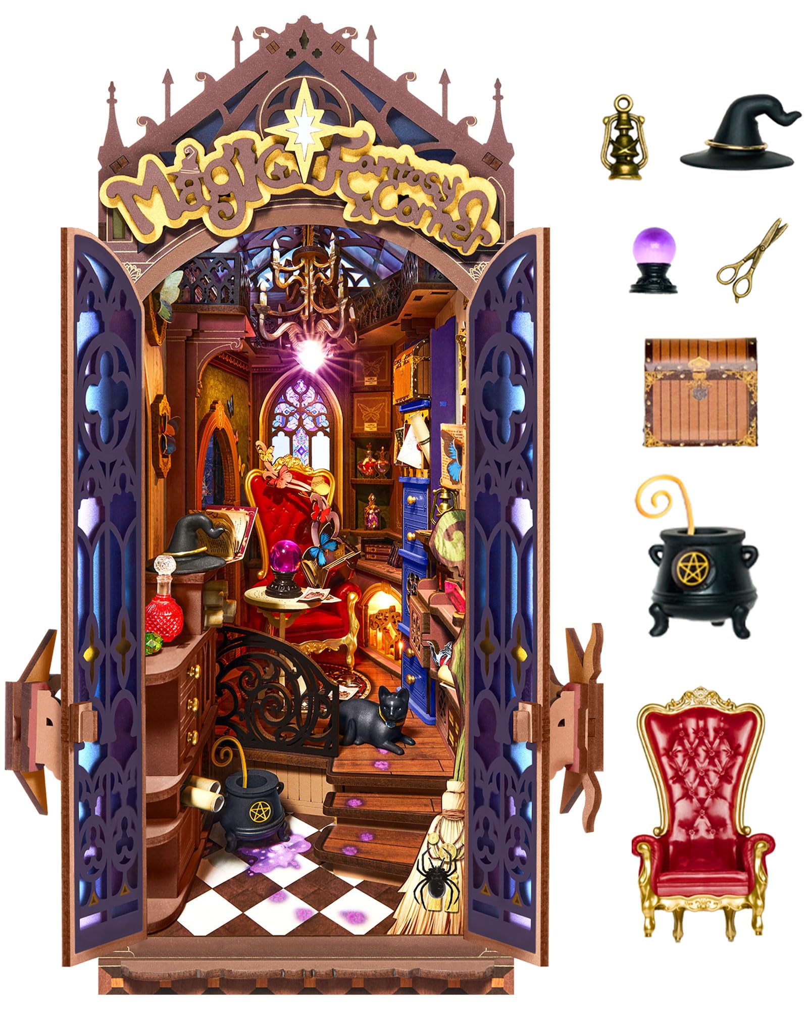 Rolife Book Nook Kit Magic Fantasy Corner DIY Miniature House Kit, 10" Wizard Witch Room Booknook Bookshelf Insert Decor 3D Wooden Puzzles for Adults Halloween Chiristmas Gift