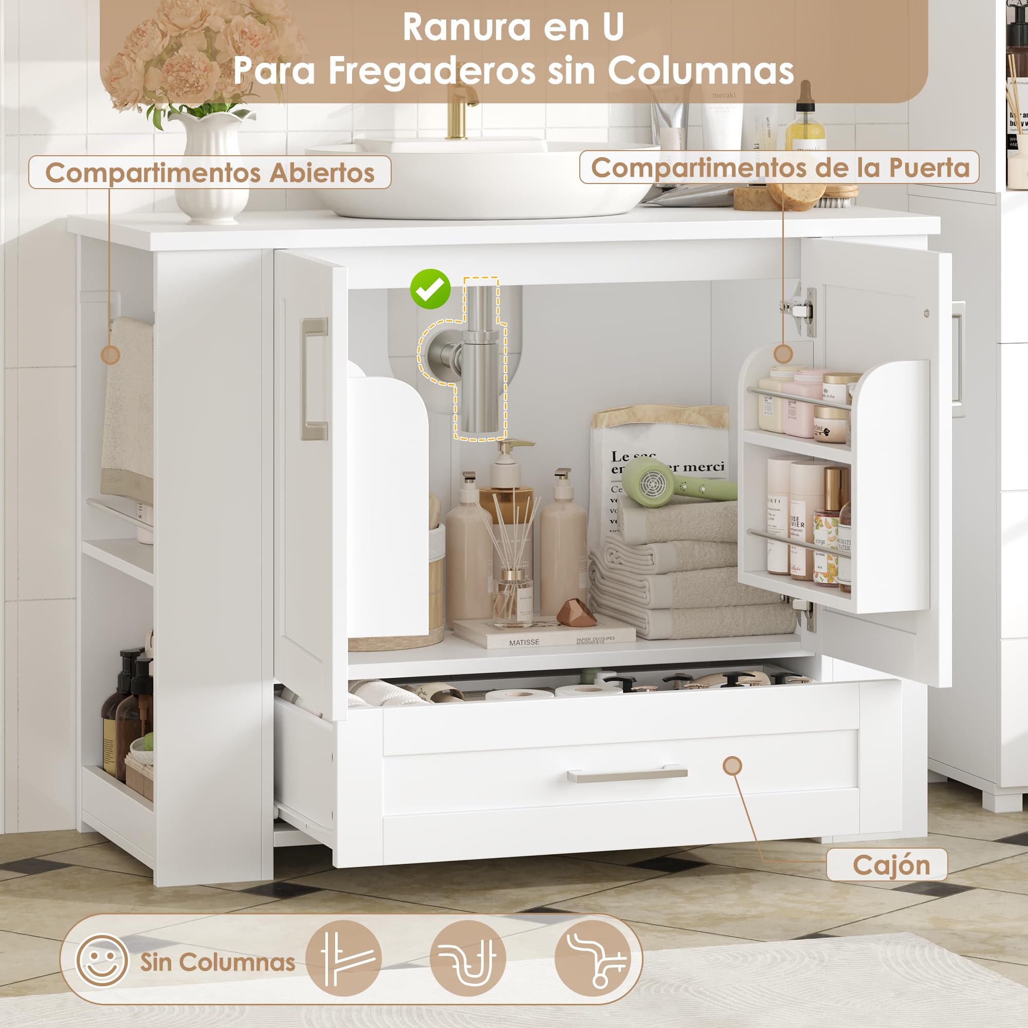 FOREHILL 80cm Mueble Baño Lavabo, Mueble Lavabo con Pie, Blanco | Mueble Baño, con 2 Portarrollos, 2 Puertas, 1 Cajón, 4 Estantes Abiertos, 80x30x63,5cm