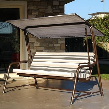 SUNJOY 3-4 Seat Luxury Outdoor Porch Swing, Steel Patio Swing with Elastic Metal Mesh Seat, Convertible Design, Cushion and Adjustable Canopy for Garden, Poolside, Backyard, Bronze - Made in Italy
