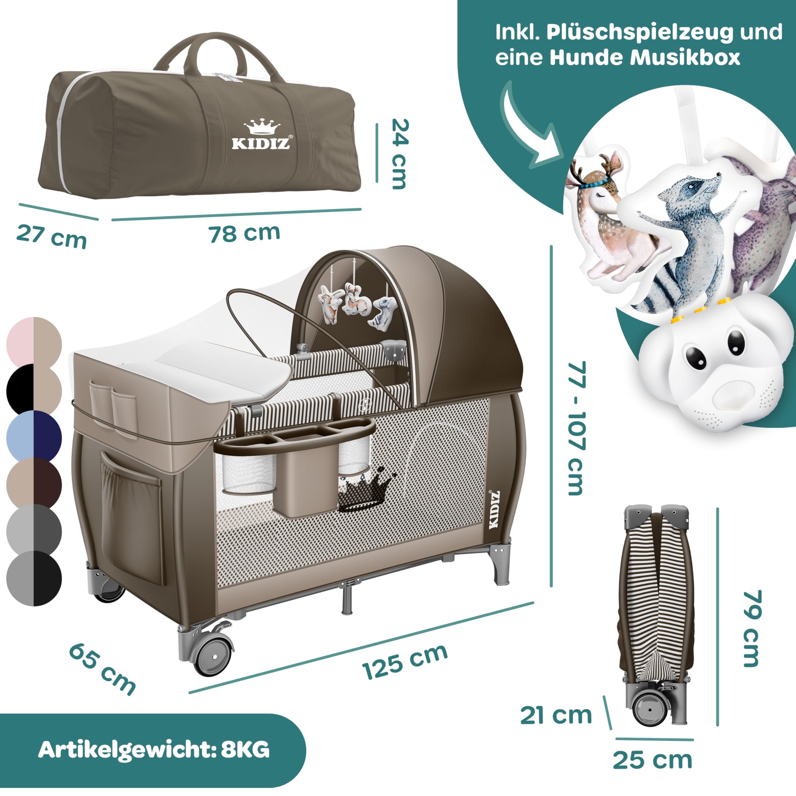 KIDIZ® Łóżeczko dziecięce 3 w 1, turystyczne, zestaw kombi, łóżeczko z przewijakiem, moskitiera, kojec, do 15 kg, przewiewne ściany boczne z wejściem bocznym, składana torba transportowa, brązowy