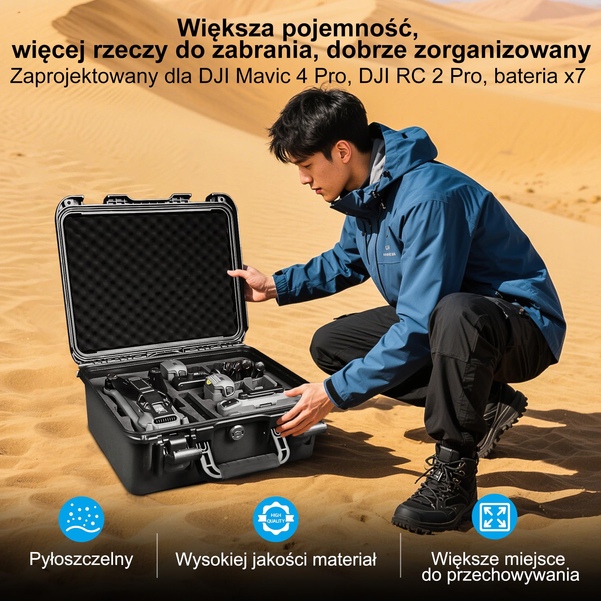 Lekufee Wodoodporna Twarda Walizka Transportowa do drona DJI Mavic 4 Pro,Creator Combo,Fly More Combo,DJI RC 2/RC Pro 2, 7 akumulatorów, hubu ładującego i innych akcesoriów (tylko walizka)