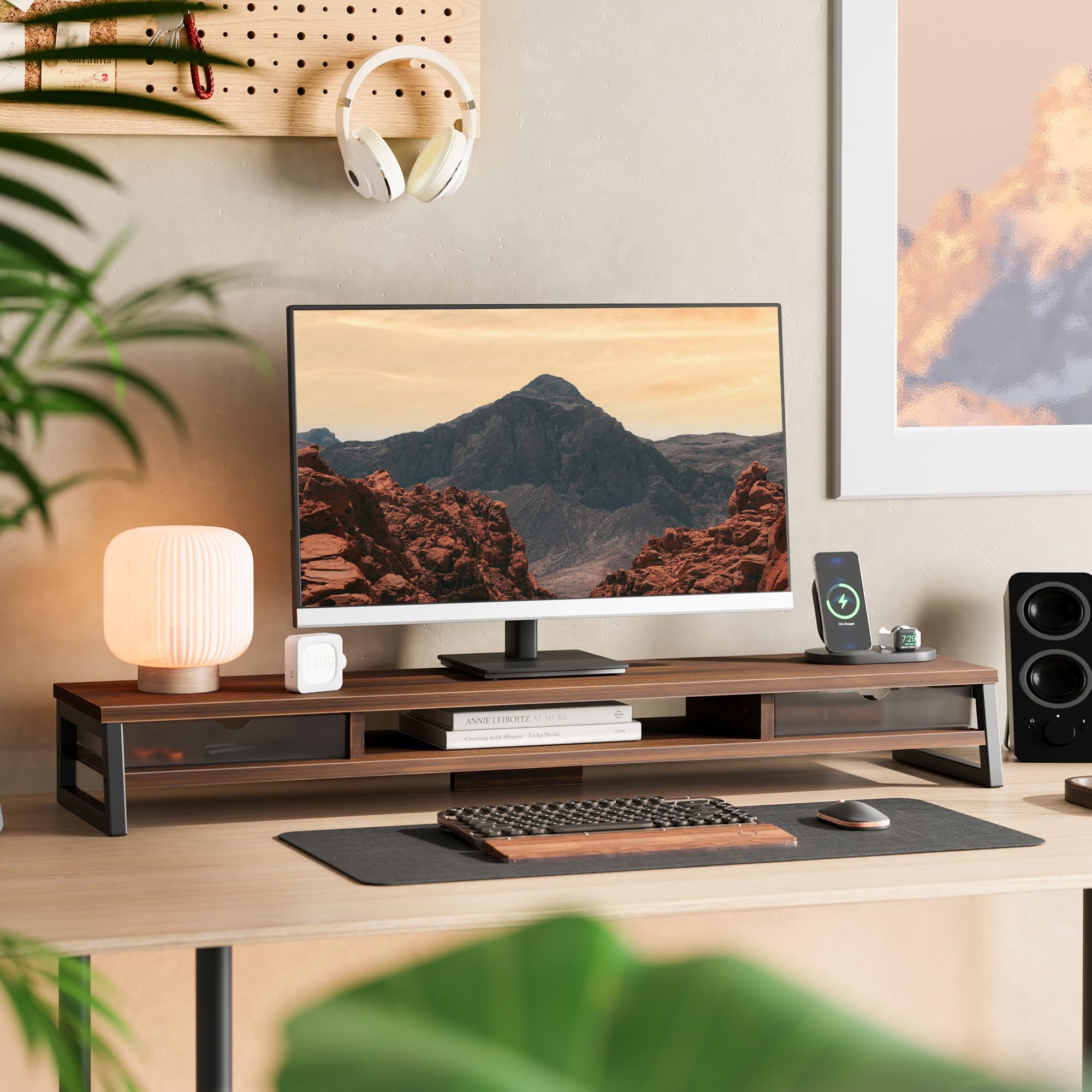 Fenge Support de Dual Moniteurs , Réhausseur d'Écran d'Ordinateur avec 2 Tiers en Acrylique, Pour PC/Ordinateur/ 2 Moniteurs/Fax/Imprimante/TV, 108x25,5x13,8cm, Charge de 45KG (G04F3104D-U)