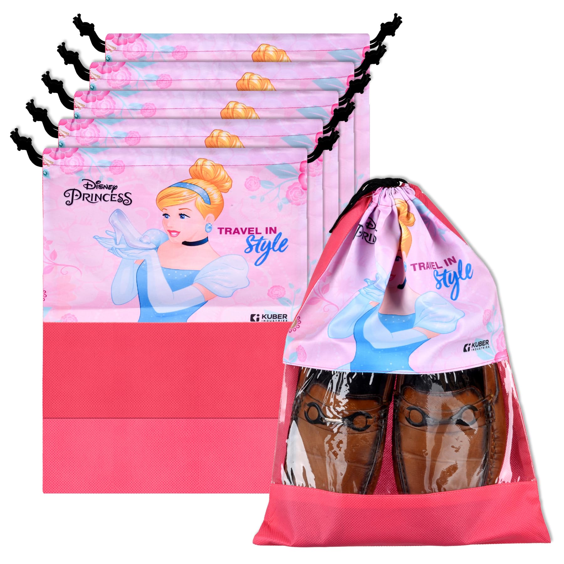 Pack of 6 Disney Princess Shoe Bags | Shoe Bags for Travel | Drawstring Shoe Storage Bags | Storage Organizers Set | Shoe Cover with Transparent Window | Shoe Pouches | Pink-image-46
