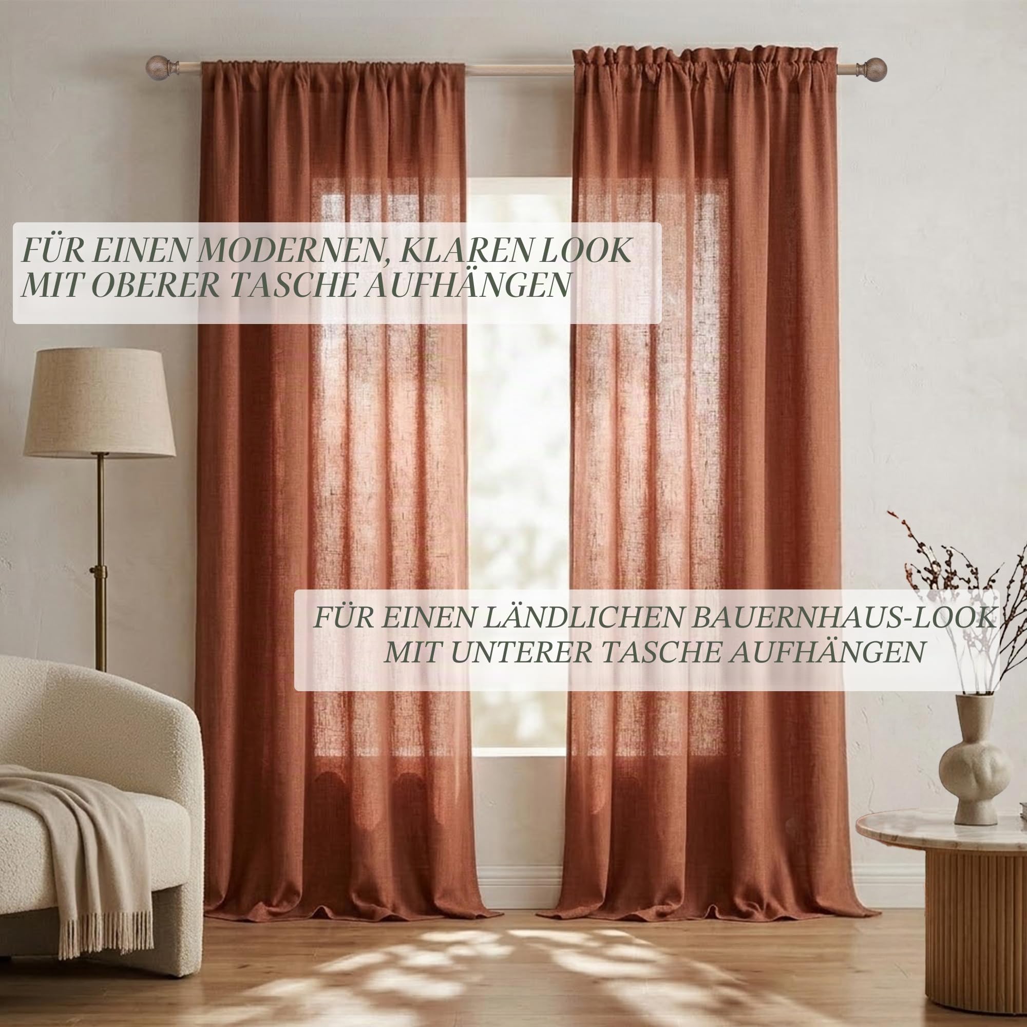 Mrs.Naturall Terrakotta-Leinenvorhänge, 259 cm lang für Wohnzimmer & Schlafzimmer, 2-teiliges Set mit Stangendurchzug, lichtdurchlässig, halbtransparent, in Rost-Orange, Western-Dekor, 132 x 259 cm
