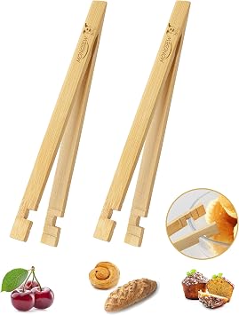 2PCS Wooden Bamboo Toaster Tongs, MONGSEW 8 inch Multipurpose Wood Tongs for Toaster, Fruits, Bread, Pickles, cheese, Bacon, and Muffins Unique Pattern