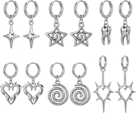 6 Pairs Silver Y2k Goth Earrings for Men Women Grunge Emo Punk Hoop Earrings Vortex Spiral Dangle Earring Gothic Accessories Jewelry Gift for Kawaii Clothes & Y2k Aesthetic