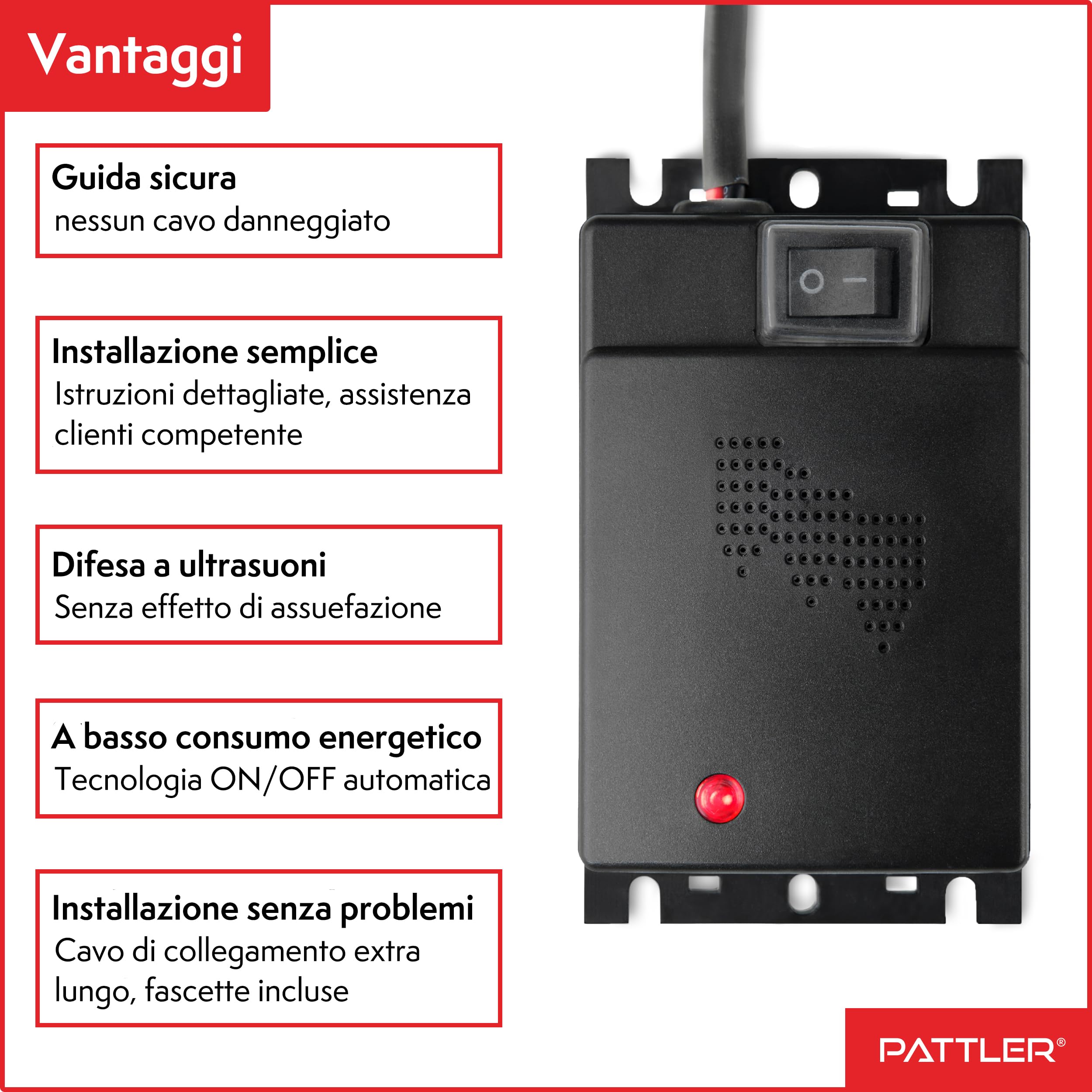 PATTLER Anti Martora per Auto con Ultrasuoni - Protezione Immediata e a Lungo Termine Contro Le Martore nel Vano Motore - Funziona con Batteria Auto a 12V - 1 Pezzo