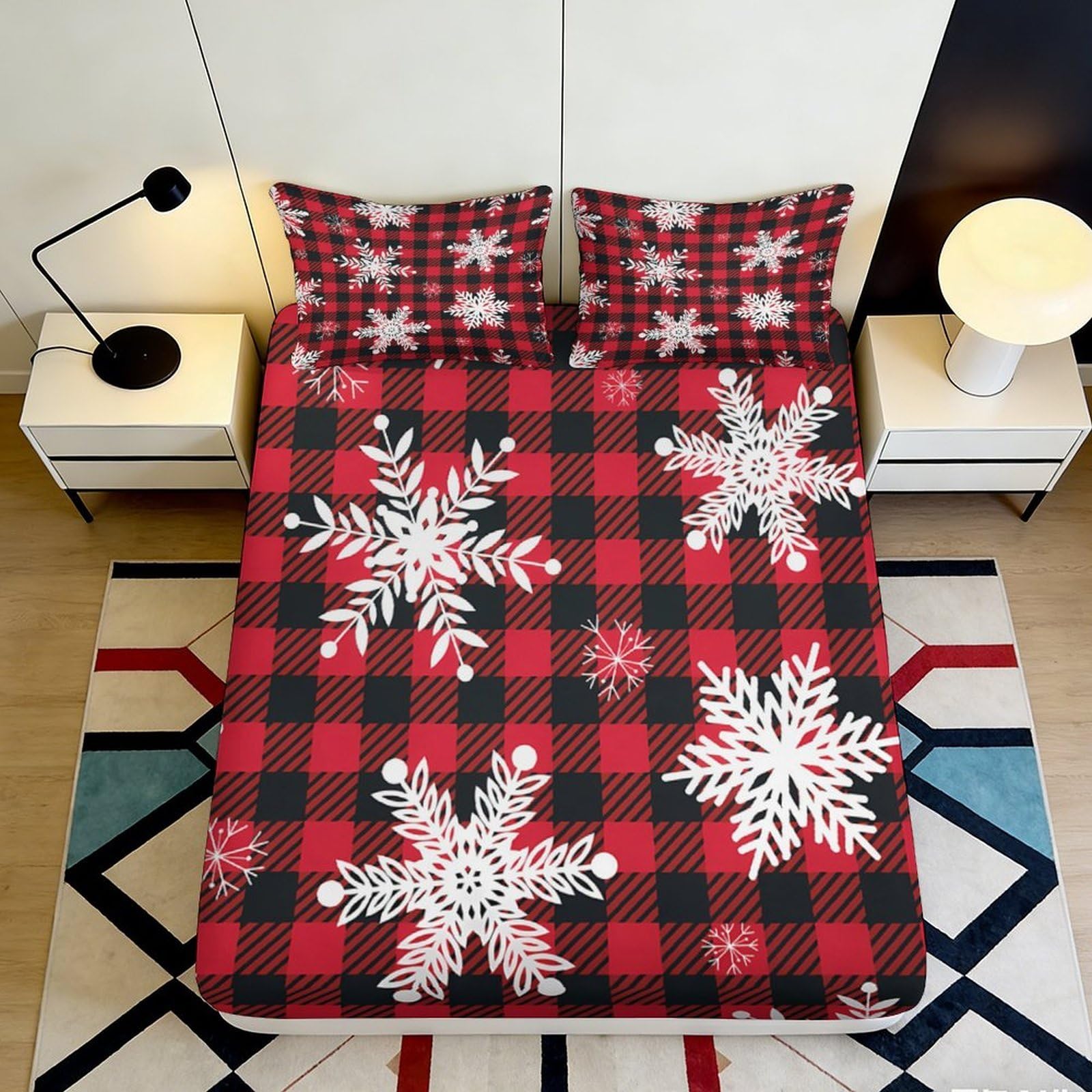 3D Printed Red Black Plaid Snowflake Fitted Sheet Microfiber Soft Breathable Winter Pattern Bed Cover with Anti-Slip Mattress Protection for Bedroom Dorm Guest 90x200x25cm