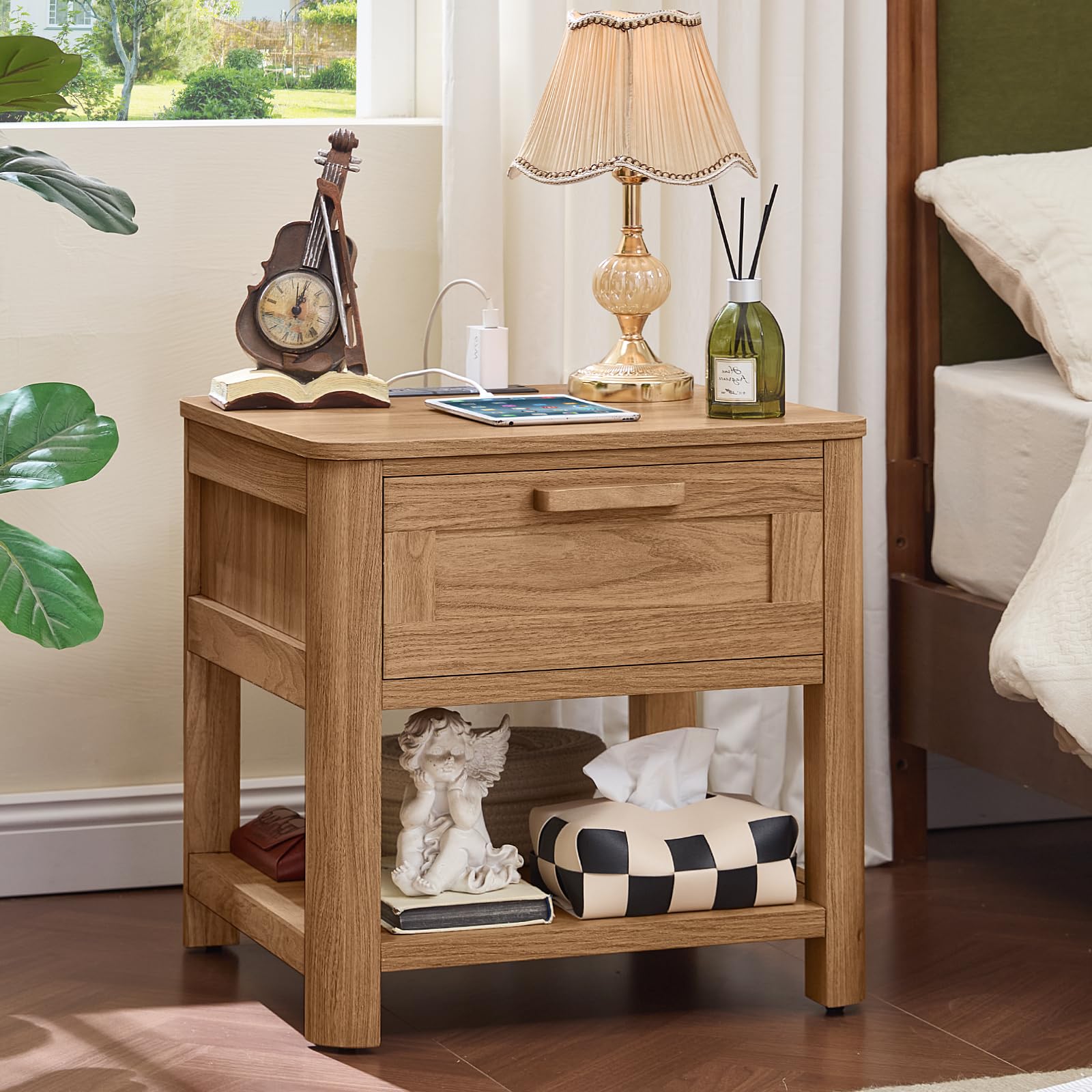 Joaxswe Farmhouse Night Stand with Charging Station, Brown