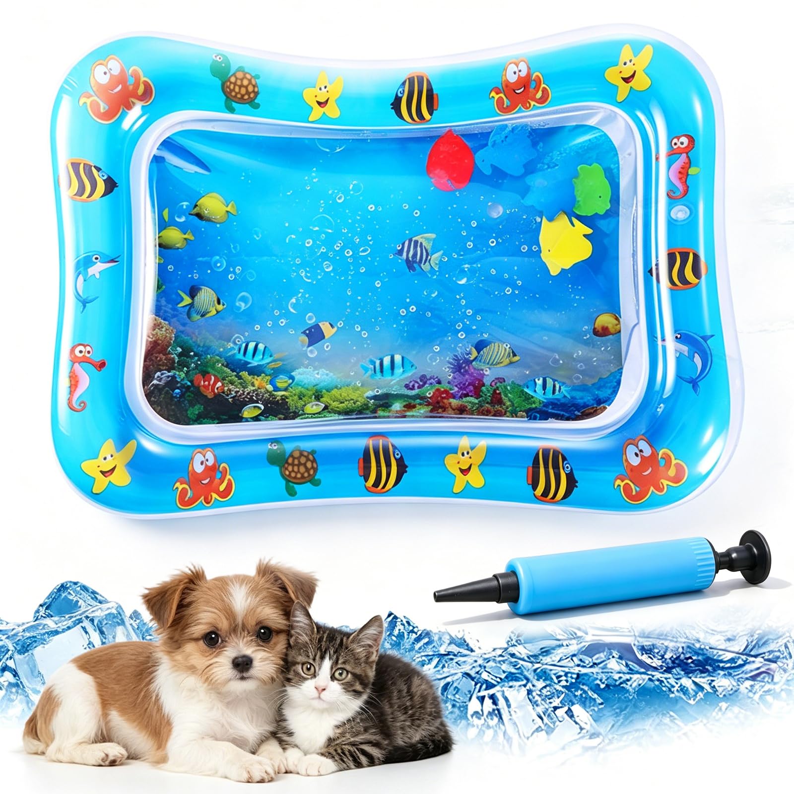 Pet Water Sensory Mat, 37.4" Large Cat Water Mat with Floating Fish, Interactive Cooling Mat for Cats & Dogs, Thickened Leak-Resistant Water Play Mat, Indoor Outdoor Pet Enrichment Toy (Square-4)