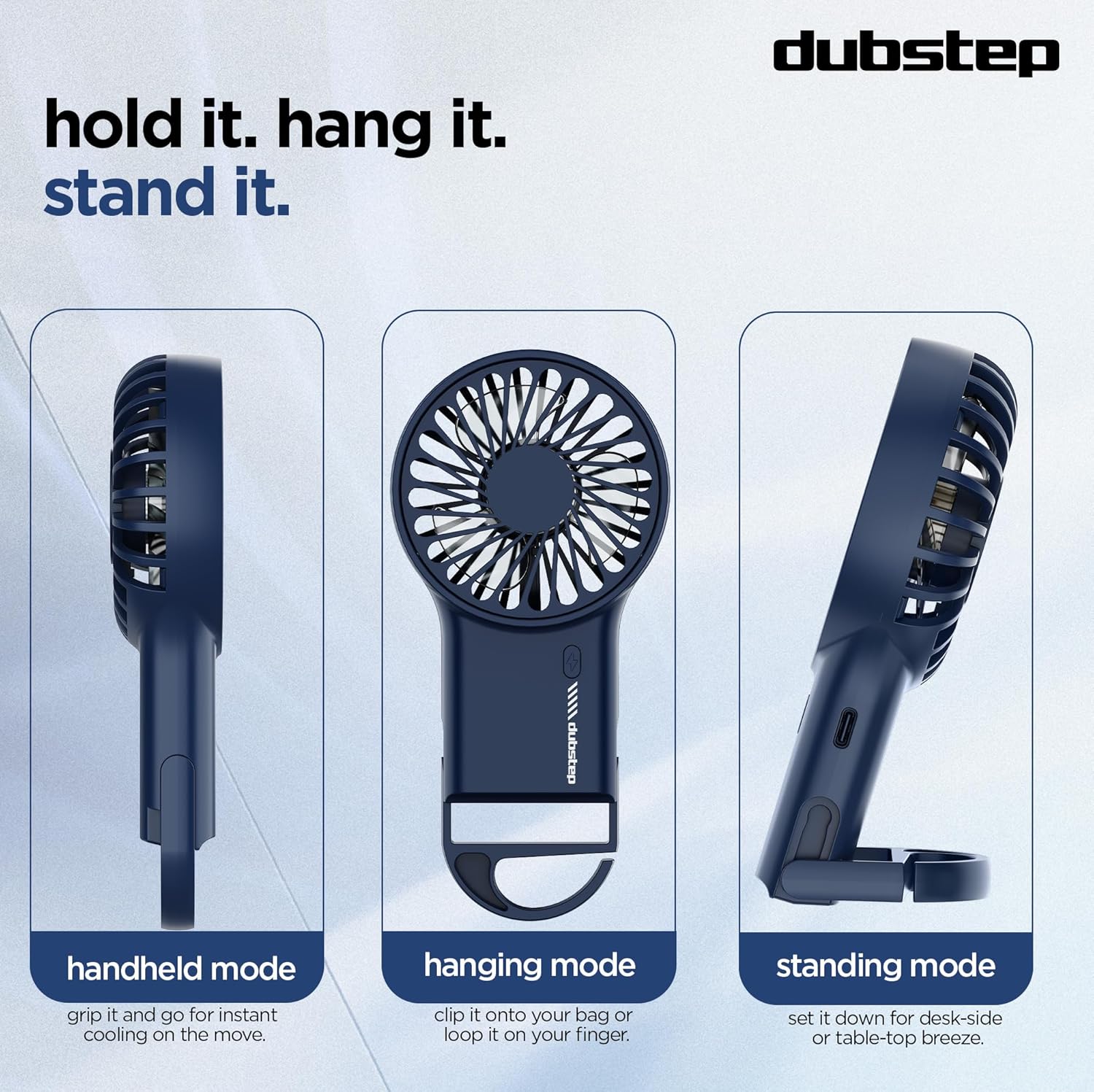 Dubstep Flo-F1 fan demonstrating handheld, hanging, and standing modes.