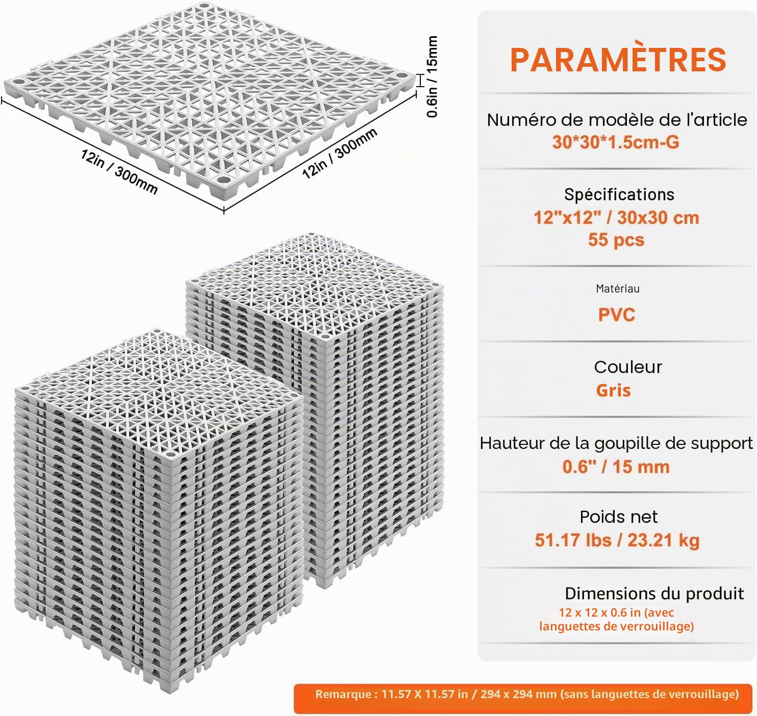 VEVOR Lot de 55 Dalles de Jardin Piscine 30x30x1,5 cm Gris Dalle Clipsable Ajourée Antidérapante en PVC Drainage Rapide Revêtements de Sol Extérieur Intérieur pour Terrasse Cuisine Spa Salle de Bain