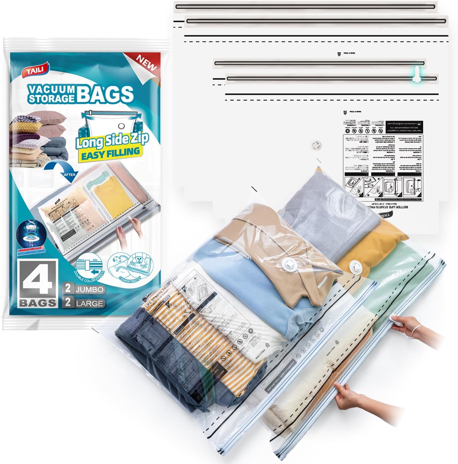 TAILI Vacuum Storage Bags With Long Side Zip 4 Pack (2 Large+2 Extra Large) Vacuum Bags for Clothes, Duvets, Bedding, Travel Reusable Compression Zipper Storage Space Saver