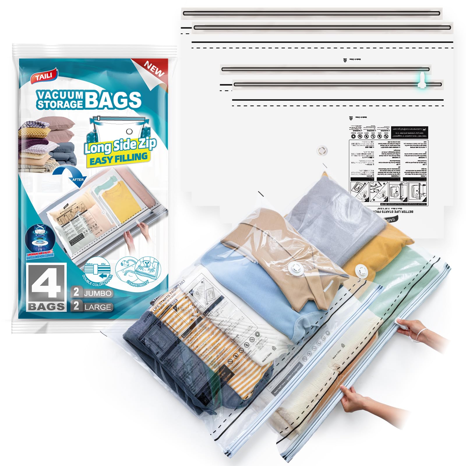 TAILI Vacuum Storage Bags With Long Side Zip 4 Pack (2 Large+2 Extra Large) Vacuum Bags for Clothes, Duvets, Bedding, Travel Reusable Compression Zipper Storage Space Saver