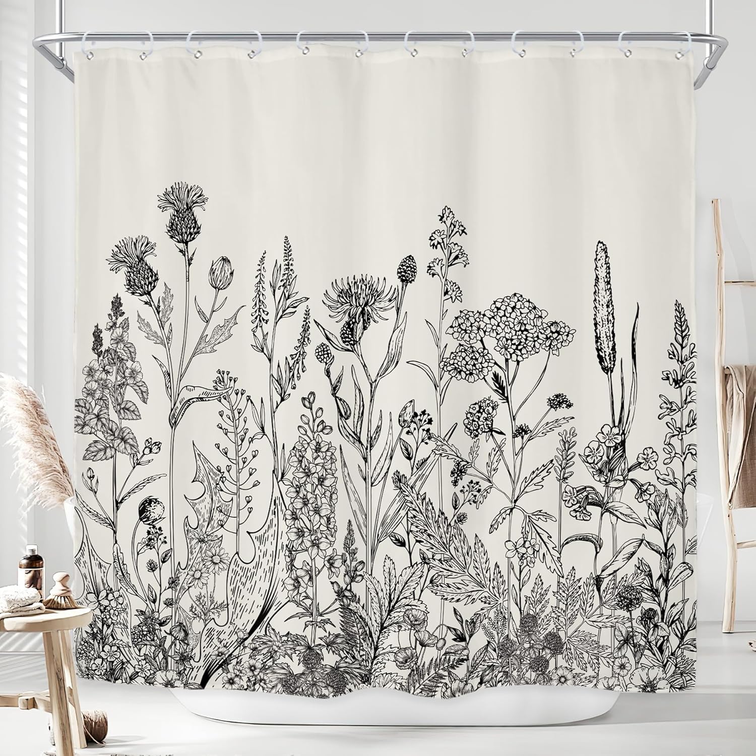 Riyidecor Clawfoot Tub Extra Wide Shower Curtain 180Wx72H Inch Flower Wrap All Around Circular Round Floral Wildflower Botanical Plants Herbs Decor Bathroom Polyester Waterproof Metal Hooks 32 Pack