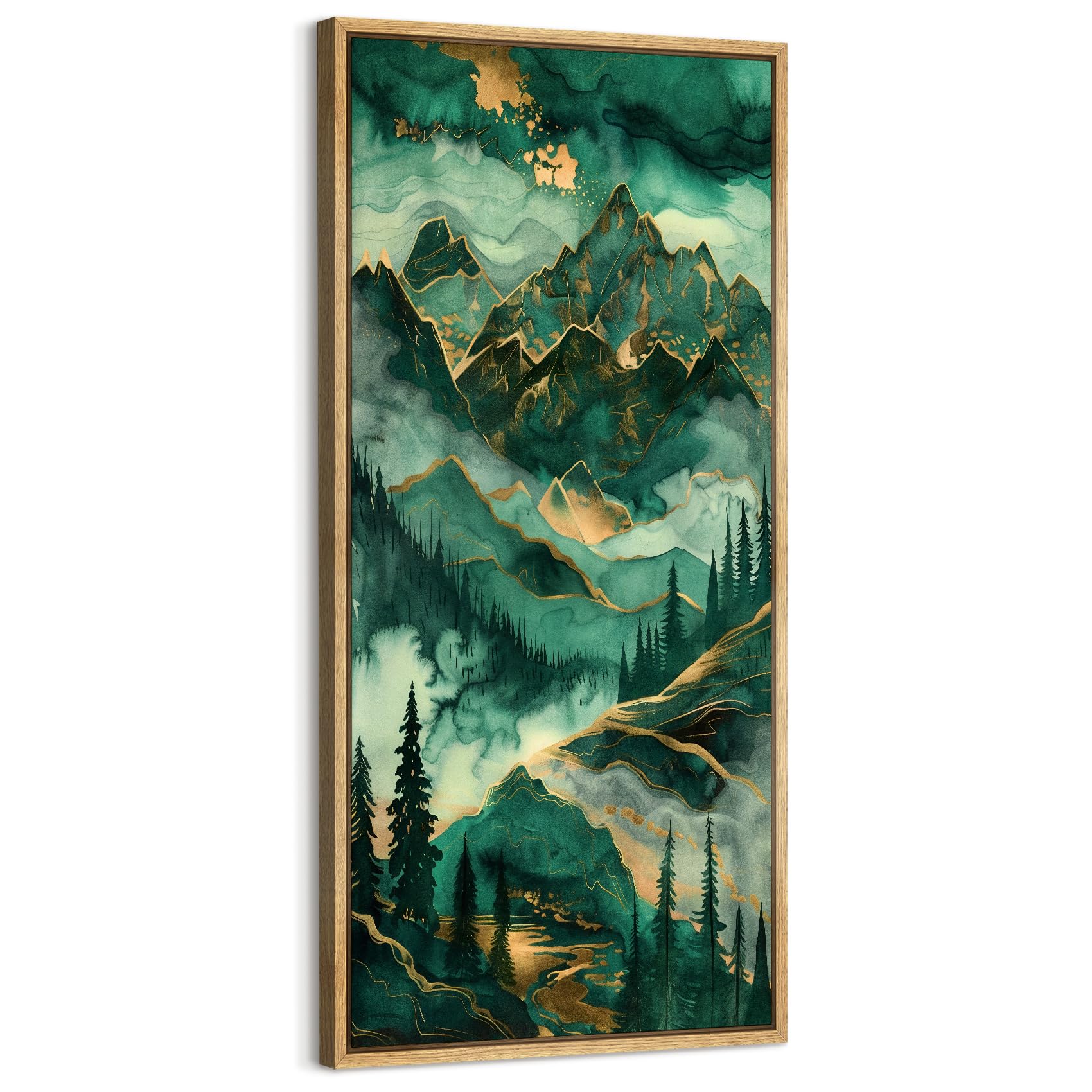 MUDECOR Extra Large Framed Canvas Print Wall Art Emerald Mountain Landscape Majestic Peaks and Lush Forests Illustrations Retro Fine Art Illustrations Decorative for Bedroom - 60"x30"