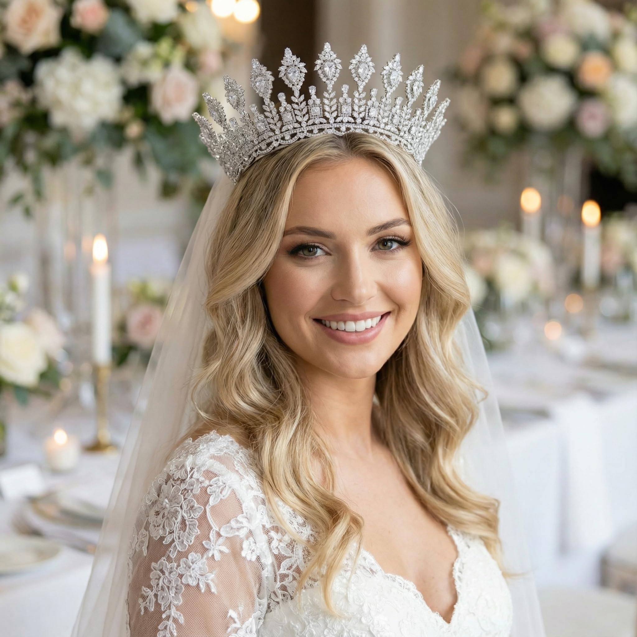 QXMYOO Tiaras de boda de lujo, corona redonda de circonita cúbica 5A para mujer, corona de princesa reina, diadema de cristal, accesorios grandes para el cabello de novia