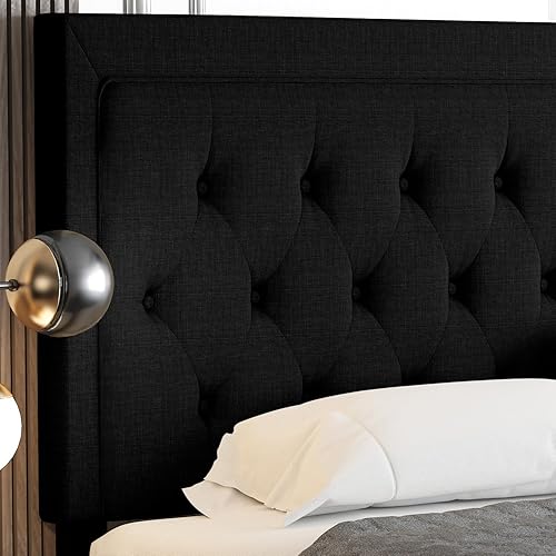 Miniatura 7 de Allewie Base de cama tapizada de tamaño matrimonial con cabecera ajustable, botón acolchonado, soporte de listones de madera, fácil montaje, color