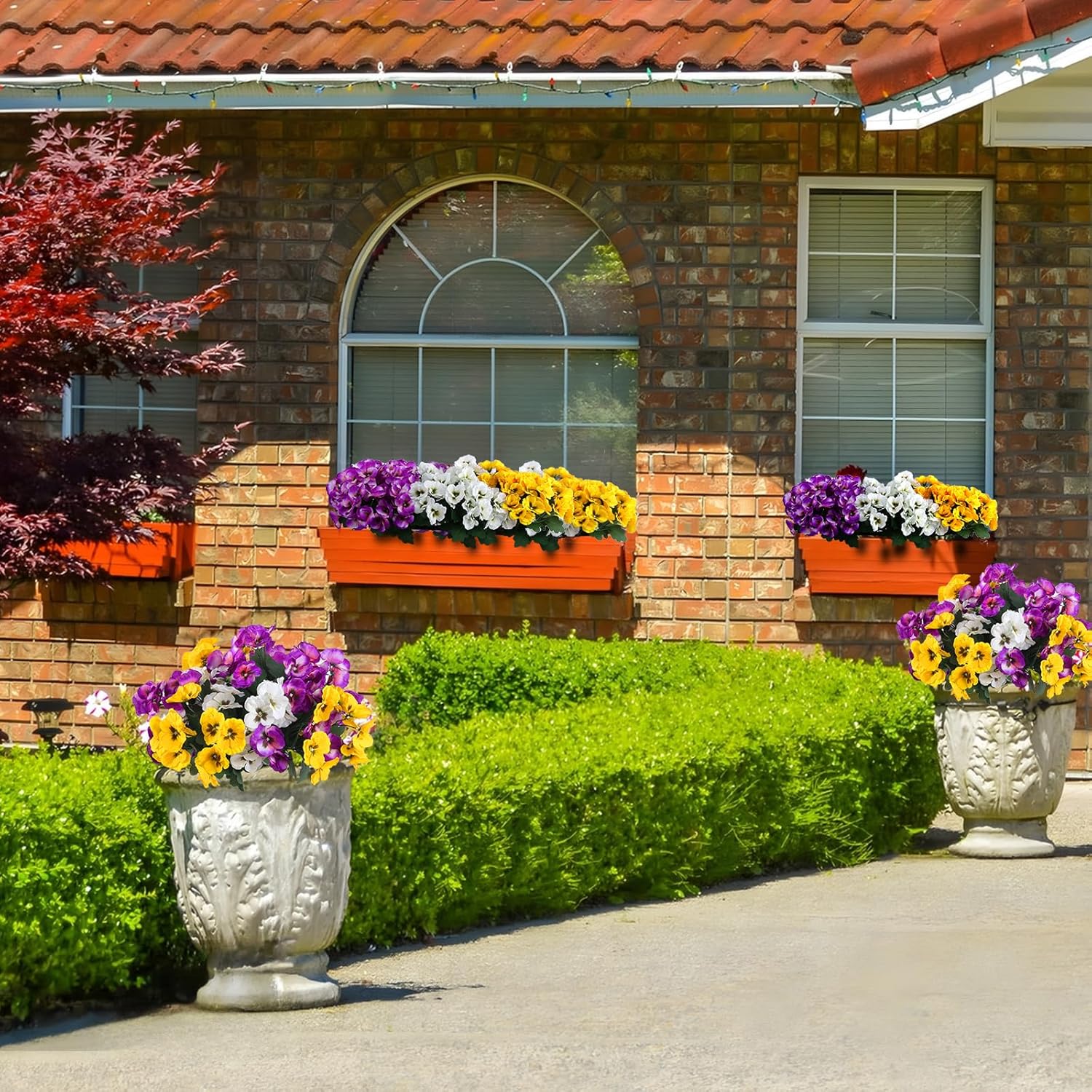 Hananona 12 Bundles Artificial Flowers Outdoor UV Resistant Artificial Silk Pansies Faux Plastic Flower in Bulk Fake Outdoor Plants(12, Yellow, White, Purple) - Image 9