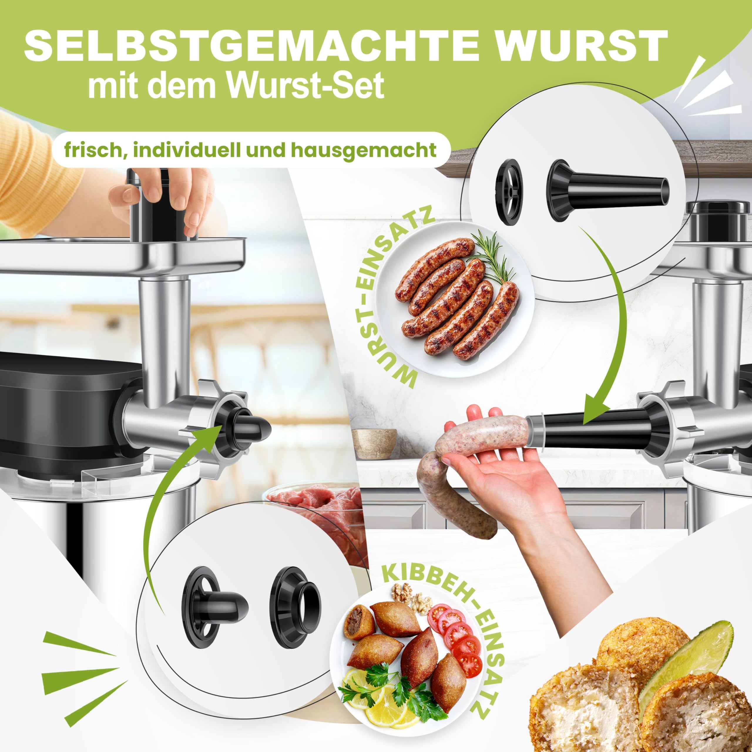 KESSER® Küchenmaschine 3in1 mit Fleischwolf & Mixer, 1500W Knetmaschine 5,5L Rührschüssel + Spritzschutz, 6 Geschwindigkeiten, Knethaken, Schneebesen, Rührhaken & Raspeln, Backen & Kochen, Schwarz