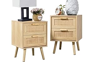 Finnhomy Wood Nightstand Set of 2 - Handmade Rattan Decorated Drawers