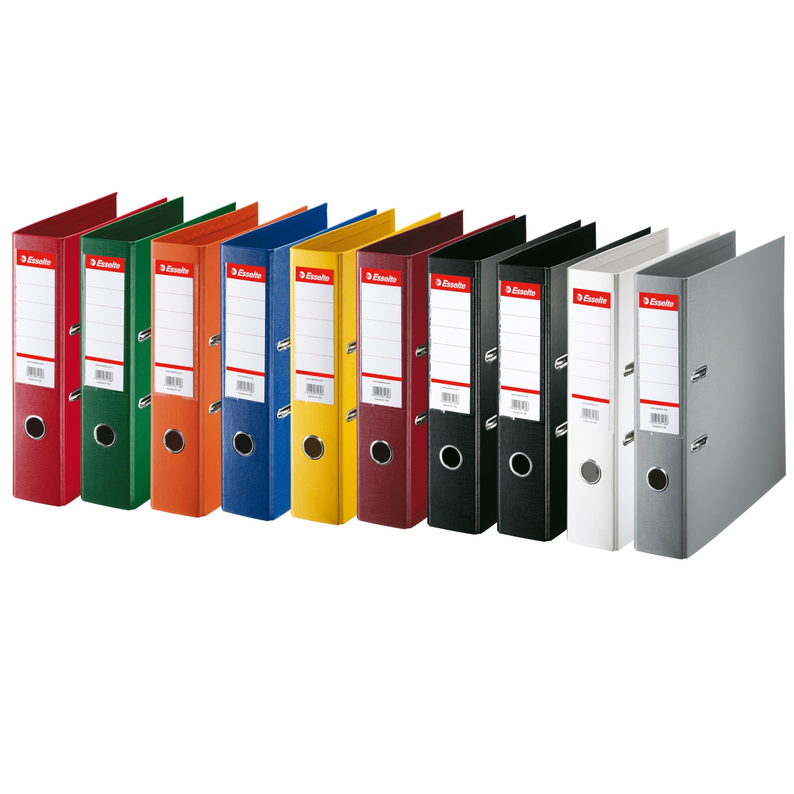 Esselte A4 Lever Arch File, Pack of 10 Assorted Colours – 75mm Width, Standard Mechanism, 500 Sheet Capacity, Durable Plastic Cover, Spine Label, FSC® Certified, Home & Office File Organiser