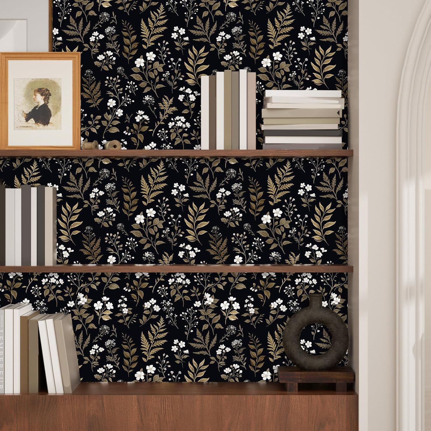 Glod Leaf Peel and Stick Wallpaper Boho Dark Floral Wall Paper 17.5” x 394” Removable Waterproof Self Adhesive Modern Contact Paper for Bathroom Bedroom Kitchen Cabinet Drawer