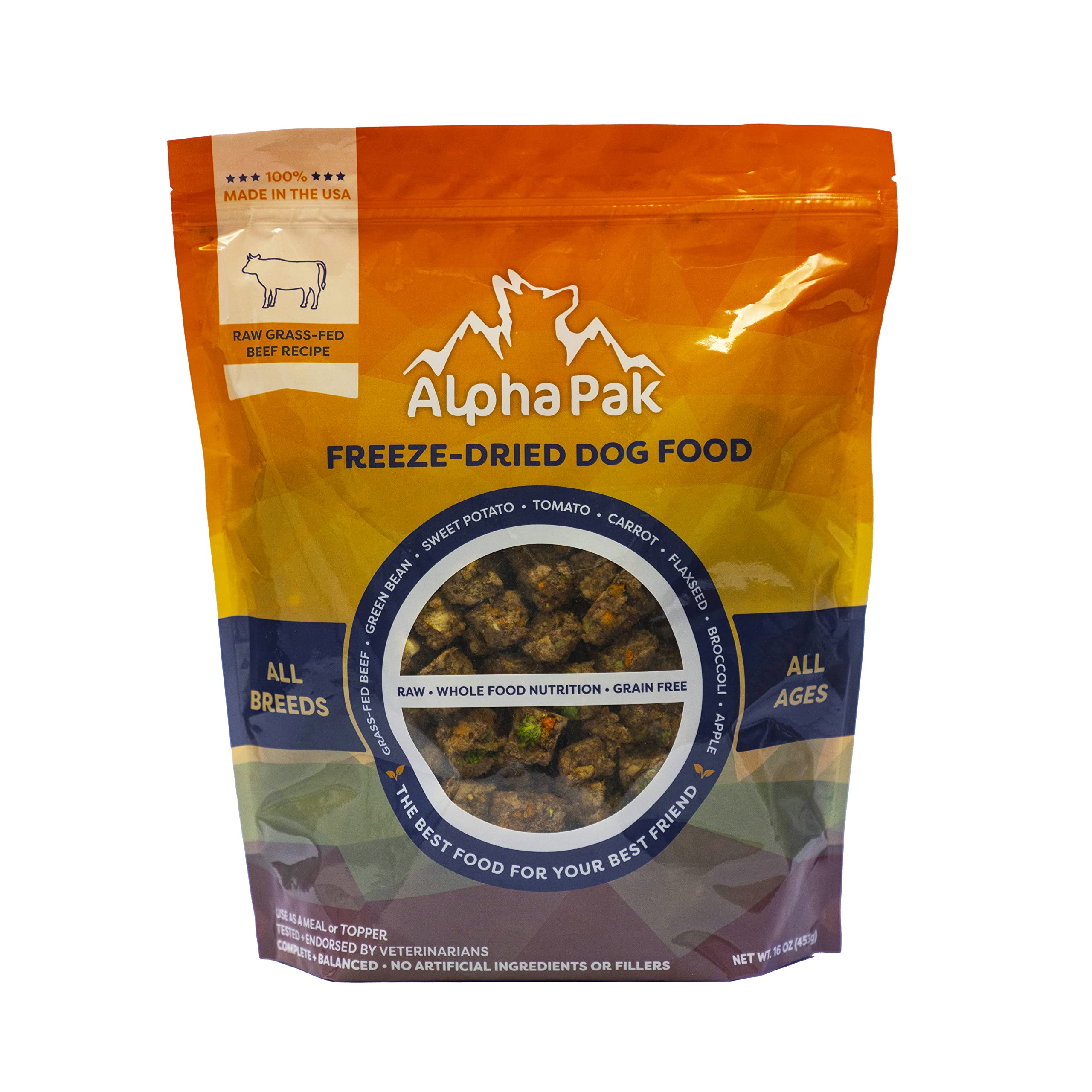 AlphaPak, Freeze-Dried Dog Food, All Breeds, All Ages, Raw Grass-fed Beef Recipe, Whole Food Nutrition, Grain Free, Made in The USA.