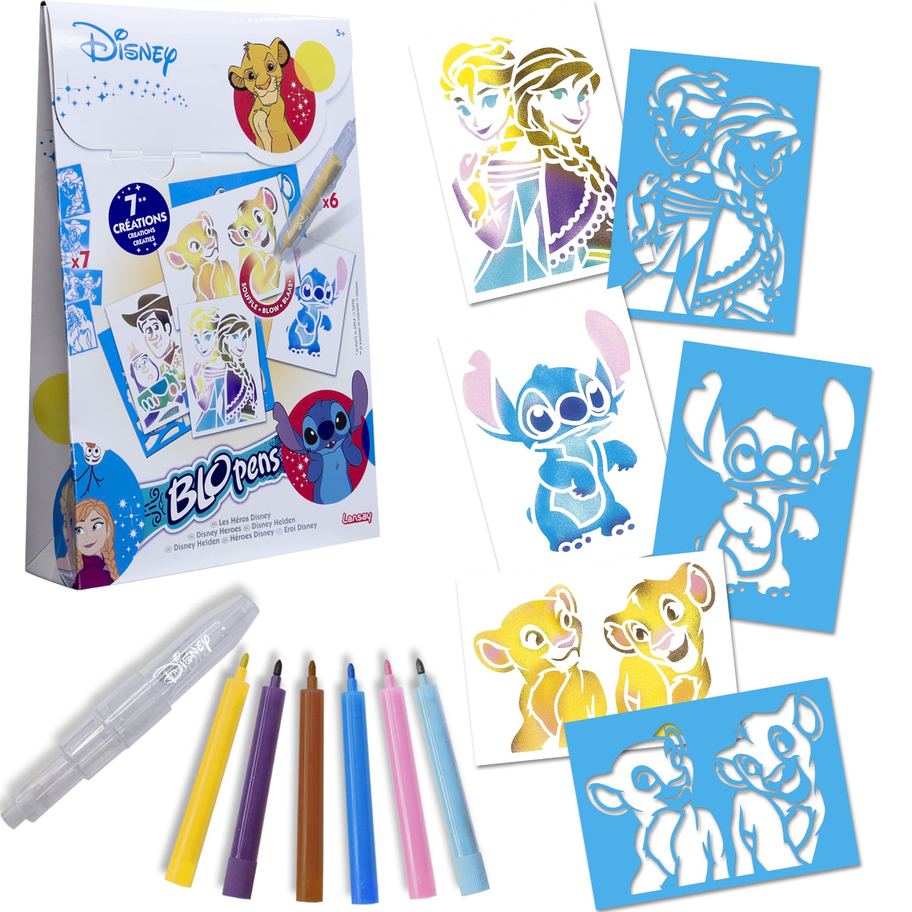 Lansay - Disney Animal BLOPENS - Drawing Creation Kit for Children from 5 Years Old - 6 Blopens Blowing Coloring Pens + 7 Reusable Stencils (Bambi or Simba) - Manual Activity - Gift Idea