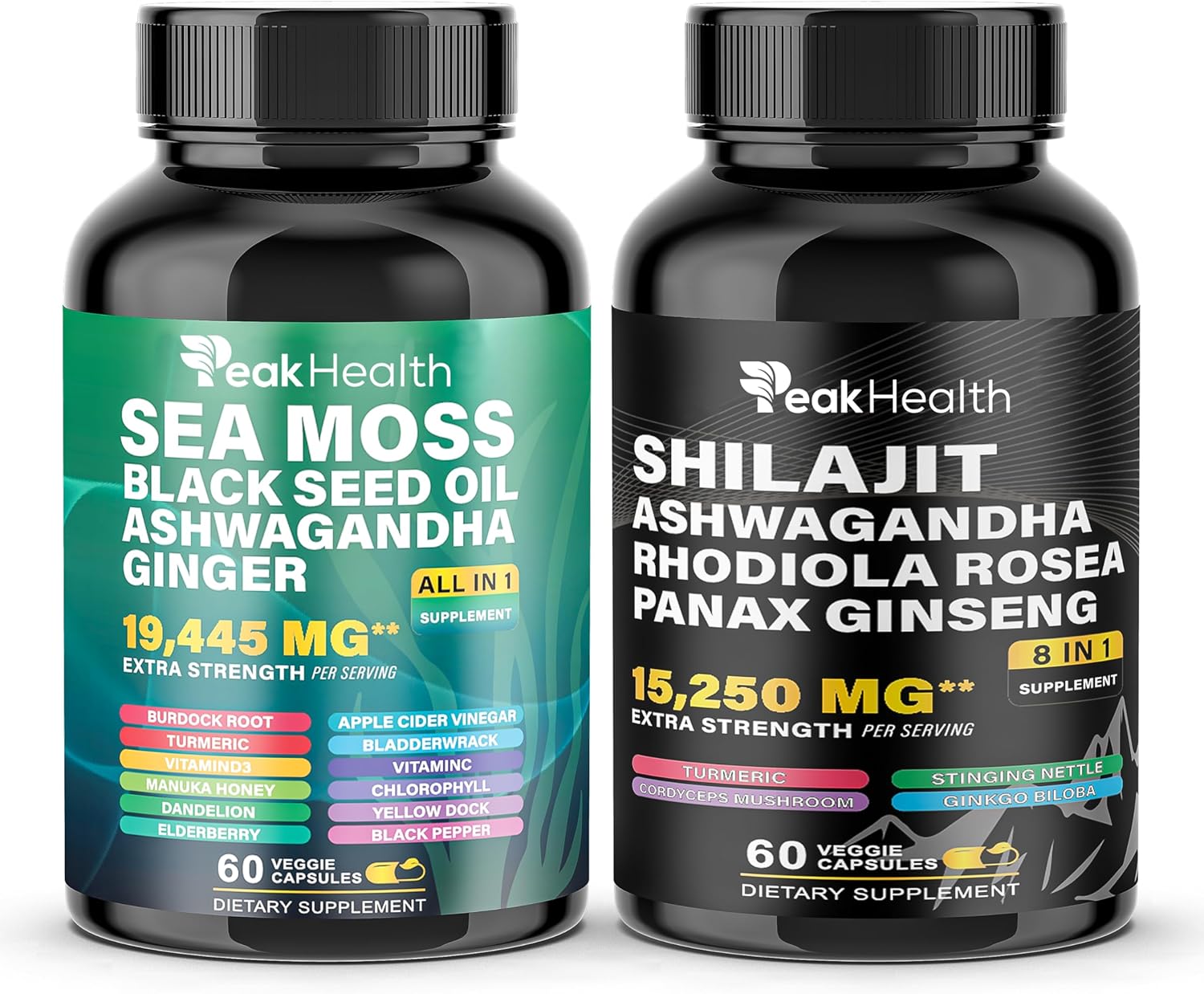 Shilajit Sea Moss Black Seed Oil Ashwagandha Capsules for Man Woman,2 Bottle Combo with Turmeric, Panax Ginseng, Rhodiola,19,445mg Herbal Formula,Energy & Immune Support, 60 Capsules