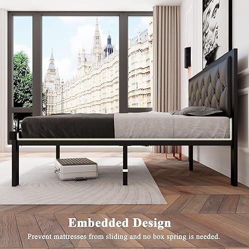 Miniatura 6 de Feonase Marco de cama metálico de tamaño completo con cabecera capitoné de cuero sintético con botones, marco de cama plataforma resistente con
