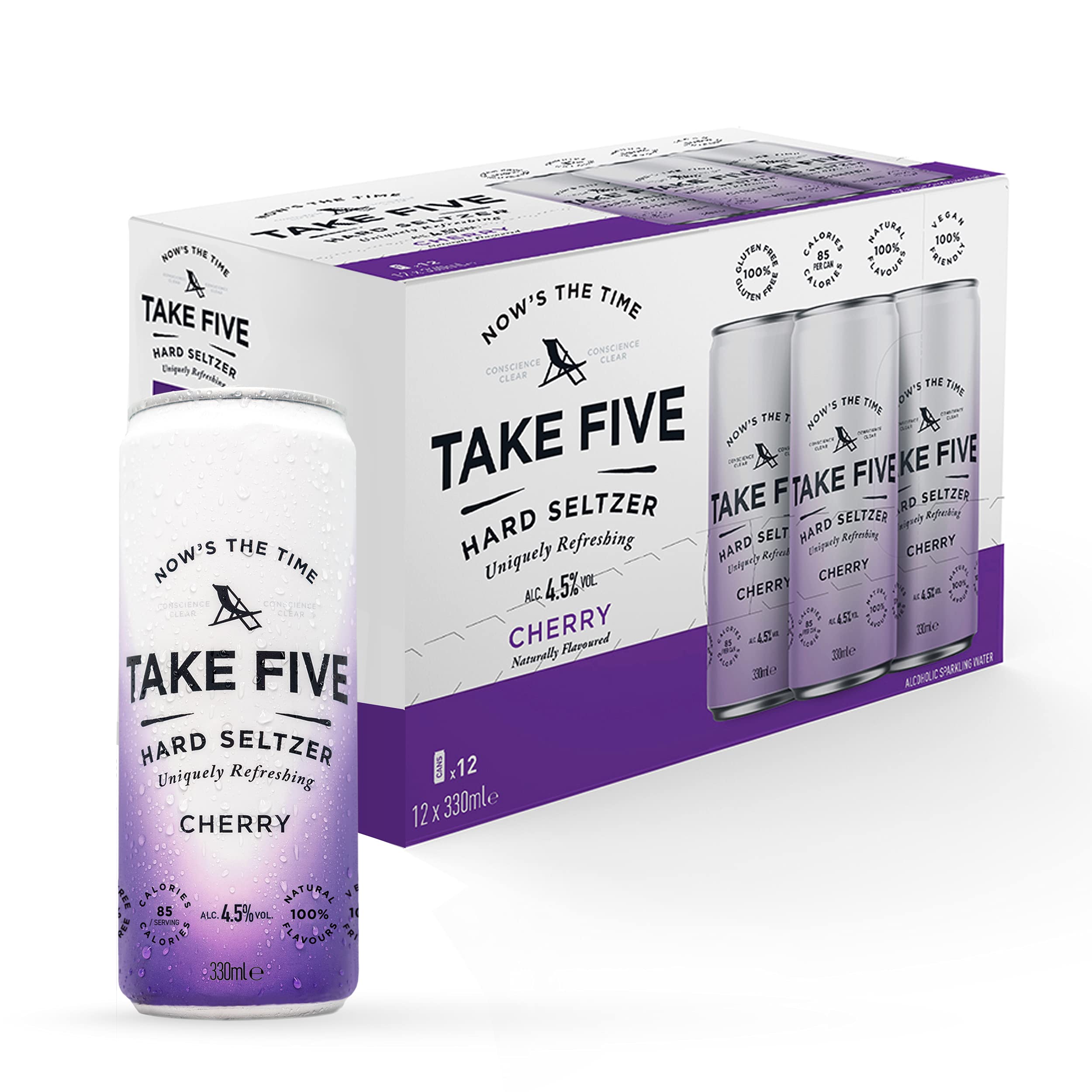 TAKE FIVE Hard Seltzer Cherry 12 x 330ml cans I 4.5% Alcoholic Sparkling Water | 85 Calories I Zero Sugar I Vegan I Gluten Free I All Natural Flavours I Large 330ml Cans