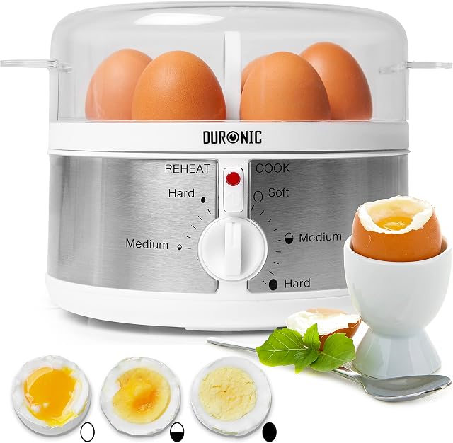 Duronic EB35 Electric 7 Egg Boiler Steamer Cooker with Buzzer - Soft | Medium | Hard Boiled Eggs Alarm Timer Settings | Stainless Steel - Includes Egg Cup Piercer & Measuring Water Cup