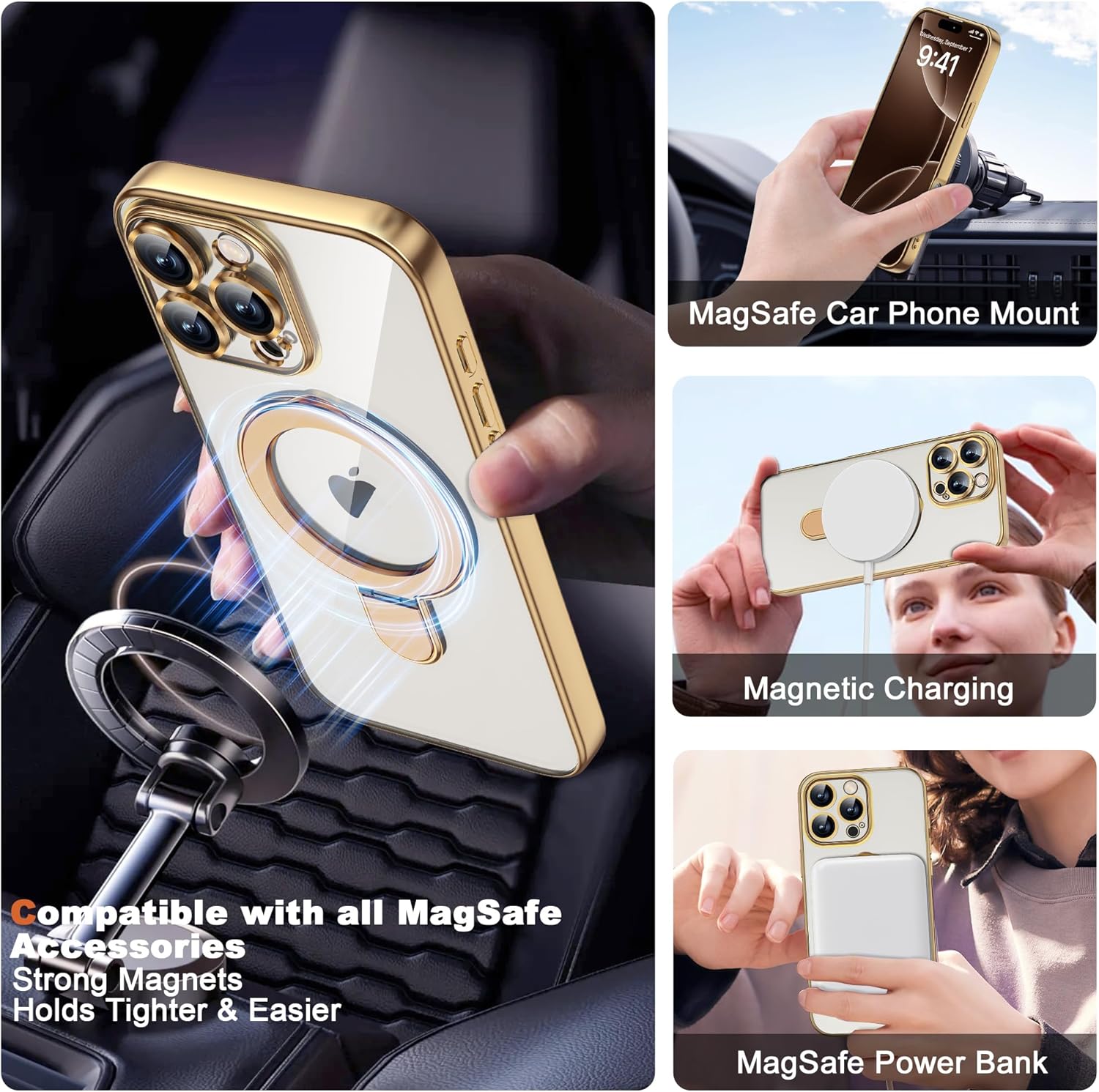 Compatible with iPhone 16 Pro Max Case with Invisible Magnetic Ring Stand [Compatible with Mag-Safe] [Full Camera Lens Protector] Plating Clear Phone Case for iPhone 16 Pro Max 6.9", Gold