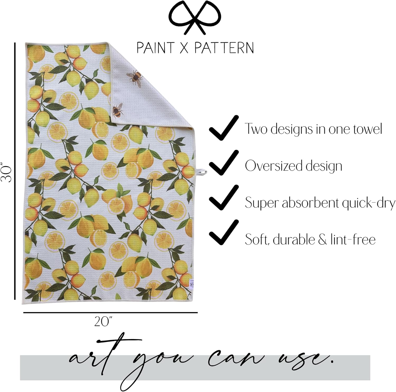Double Sided Microfiber Waffle Kitchen Tea Towel - Quick Dry Ultra Absorbant 20 x 30 inches, Fruity Fun, Multiple Colors, (Lemons x Bees)