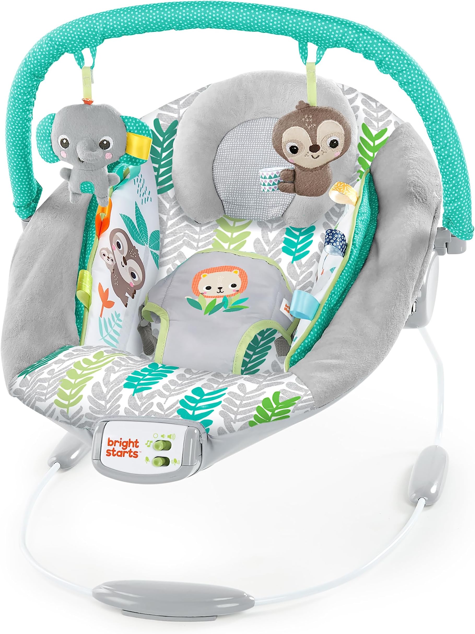 Bright Starts Jungle Vines Comfy Baby Bouncer and Vibrating Infant Seat with Taggies & Elephant and Sloth Plush Baby Toys
