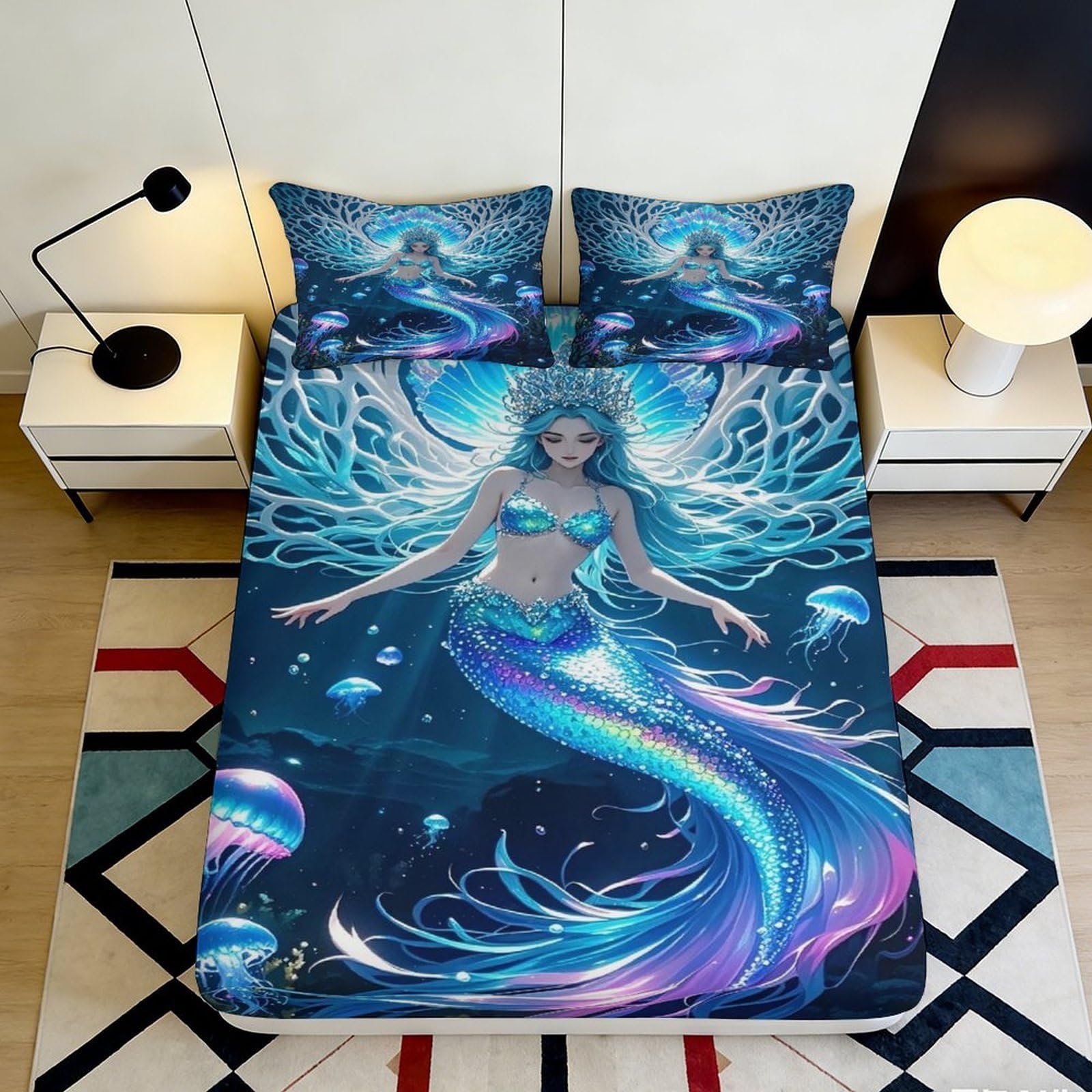 Jqzkxnhpbr Style-8 3D Printed Mermaid Fantasy Fitted Sheet Microfiber Soft Decorative Ocean Dream Bed Cover For Bedroom Guest Room 90X200x25cm