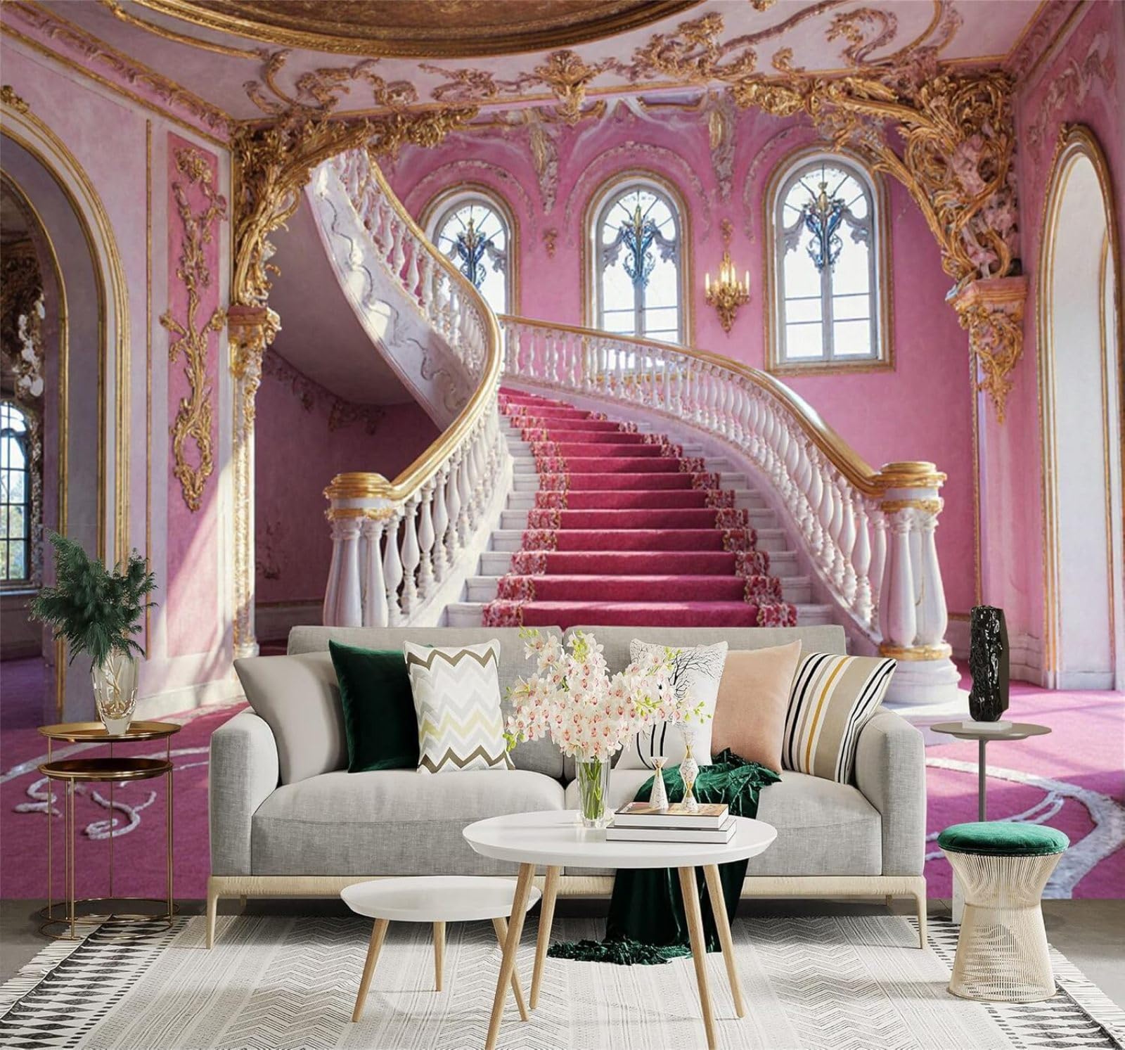 Xlming 300Cm×210Cm(B×H) Elegant Pink Palace Staircase Golden Decorations Windows 3D Wallpaper Silky Texture Home Study Office Grey Dining Room Sofa Bedroom Living Room Tv Backdrop-300Cm×210Cm