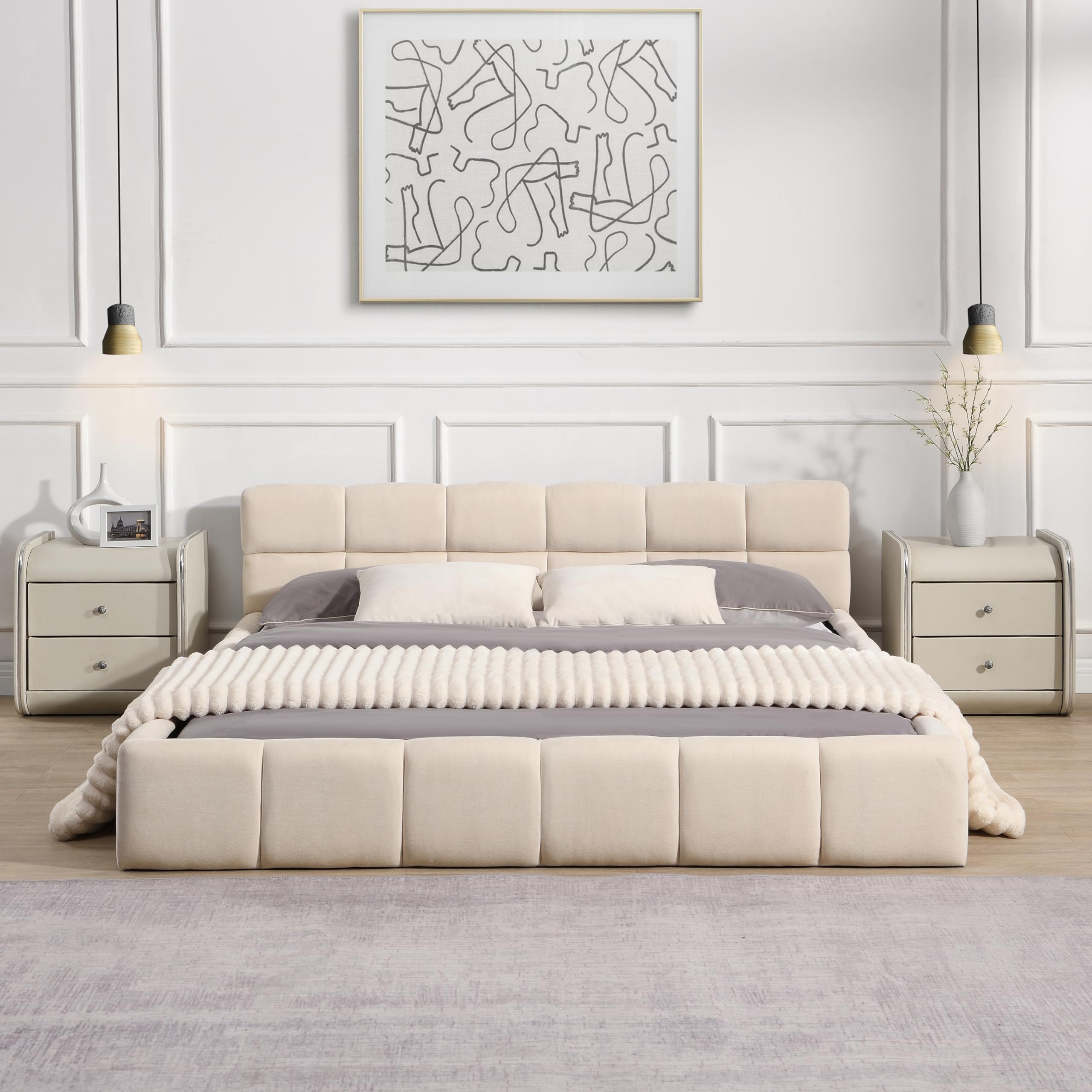 Photo 1 of **AS IS, FINAL SALE***PARTIAL SET - BOX 2/2 ONLY*** Christopher Knight Home Bettine Queen Size Bed Frame with Checkerboard Design Headboard, Elegant Chenille Upholstered Bed, Wooden Slats, Easy Assembly Platform Bed, No Box Spring Needed, Beige