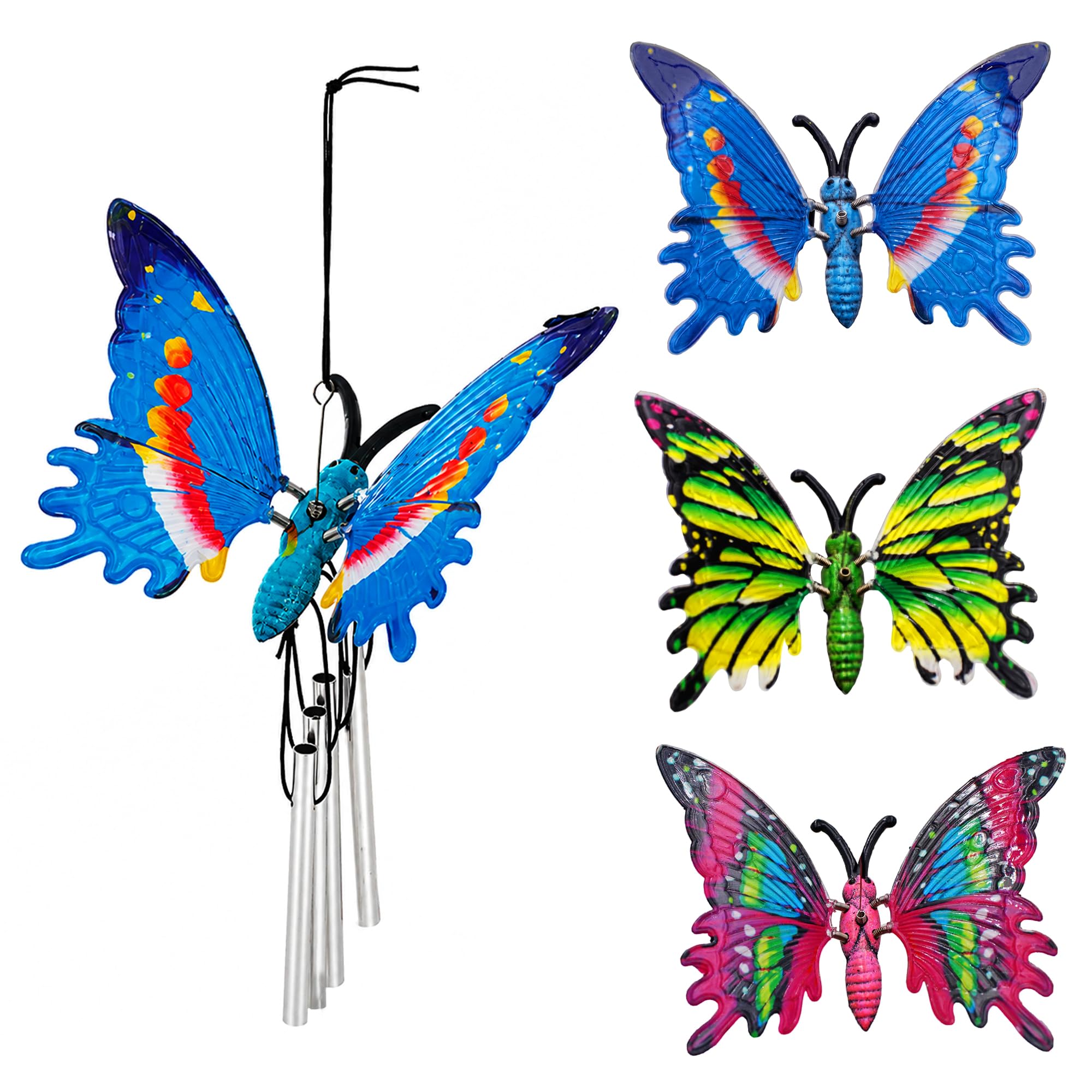 Lizzy 3pcs Butterfly Wind Chime Garden Hanging Ornament Outdoor Decorative Windchime for Balcony Window Patio Colourful Butterfly Decor Gift for Home Garden Decoration - Blue, Green, Pink (1 of Each)