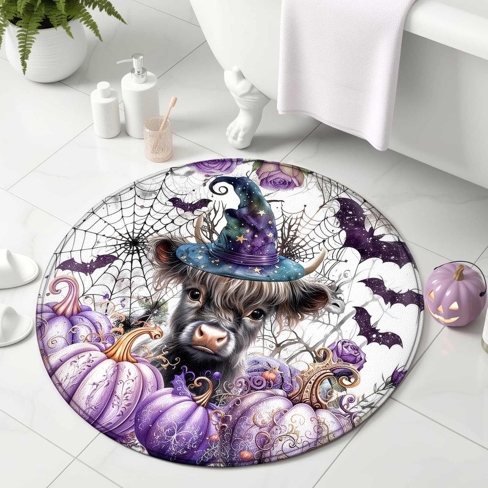Halloween Round Bath Rug 24 - Witch Cow with Wizard Hat Gothic Purple Bat Spider Web Design Non-Slip