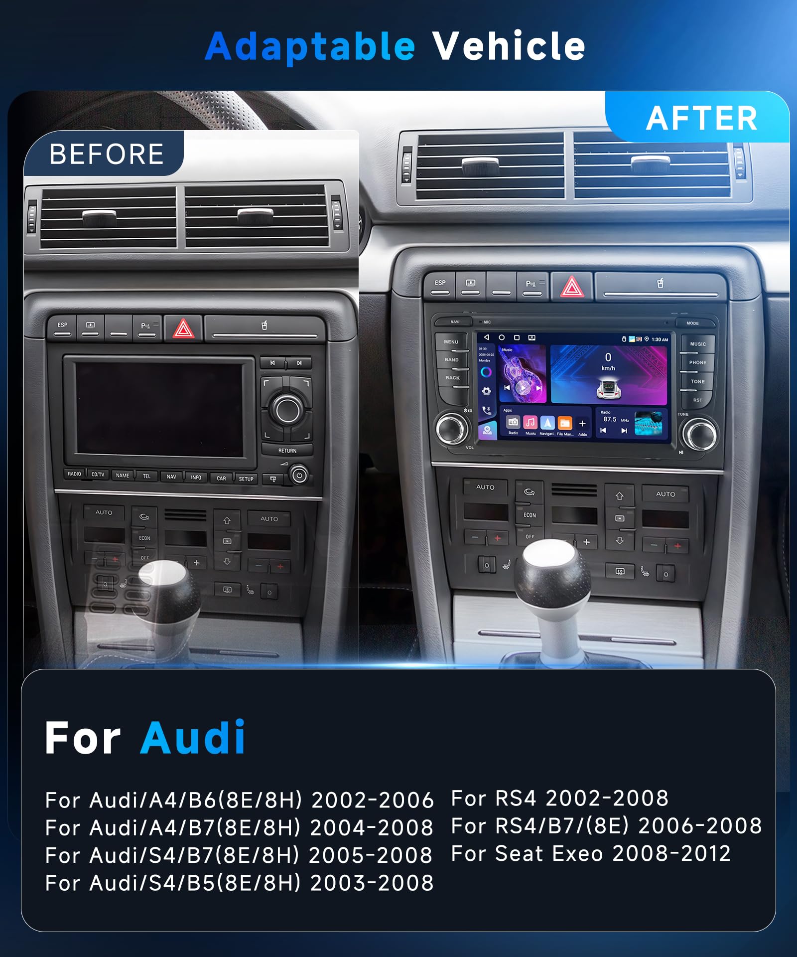 VECHTEL Radio samochodowe 4G+64G Android 15 dla Audi A4 S4 RS4 B6/B7 8E 2002-2008, radio samochodowe z systemem Android CarPlay bezprzewodowe, ekran dotykowy 7-calowy GPS Wi-Fi USB Type-C Bluetooth FM