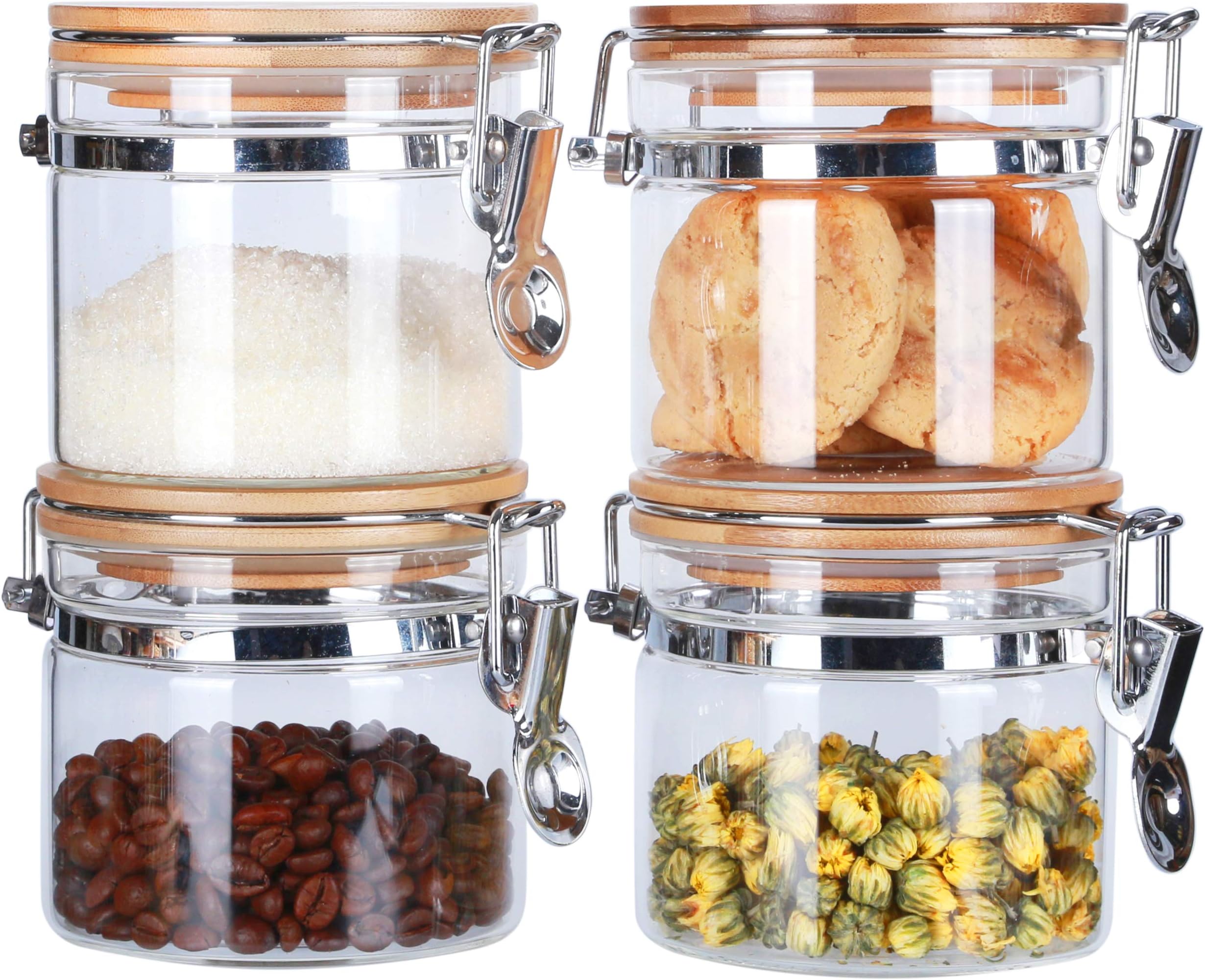 Borosilicate Glass Storage Jars with Airtight Locking Clamp Lids,Clear Kitchen Canisters,Glass Sealalbe Mason Jars for Salt,Sugar,Candy,Loose Tea Storage Sealed Containers Bamboo Lid,16 Floz,Pack of 4