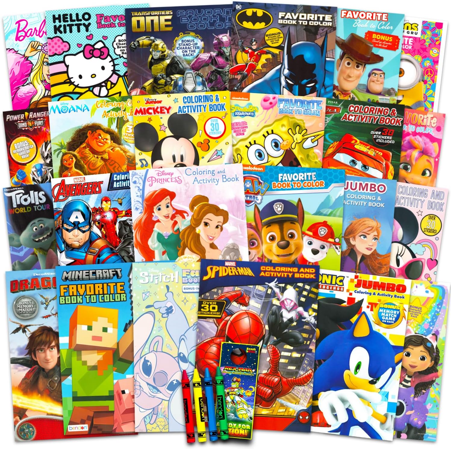 24 Bulk Coloring Books for Kids Ages 4-8 - Assorted 24 Licensed Full-Size Coloring Activity Books for Boys, Girls | Bundle with Activity Pages, Crayons, Stickers, Games, Puzzles, More (No Duplicates)