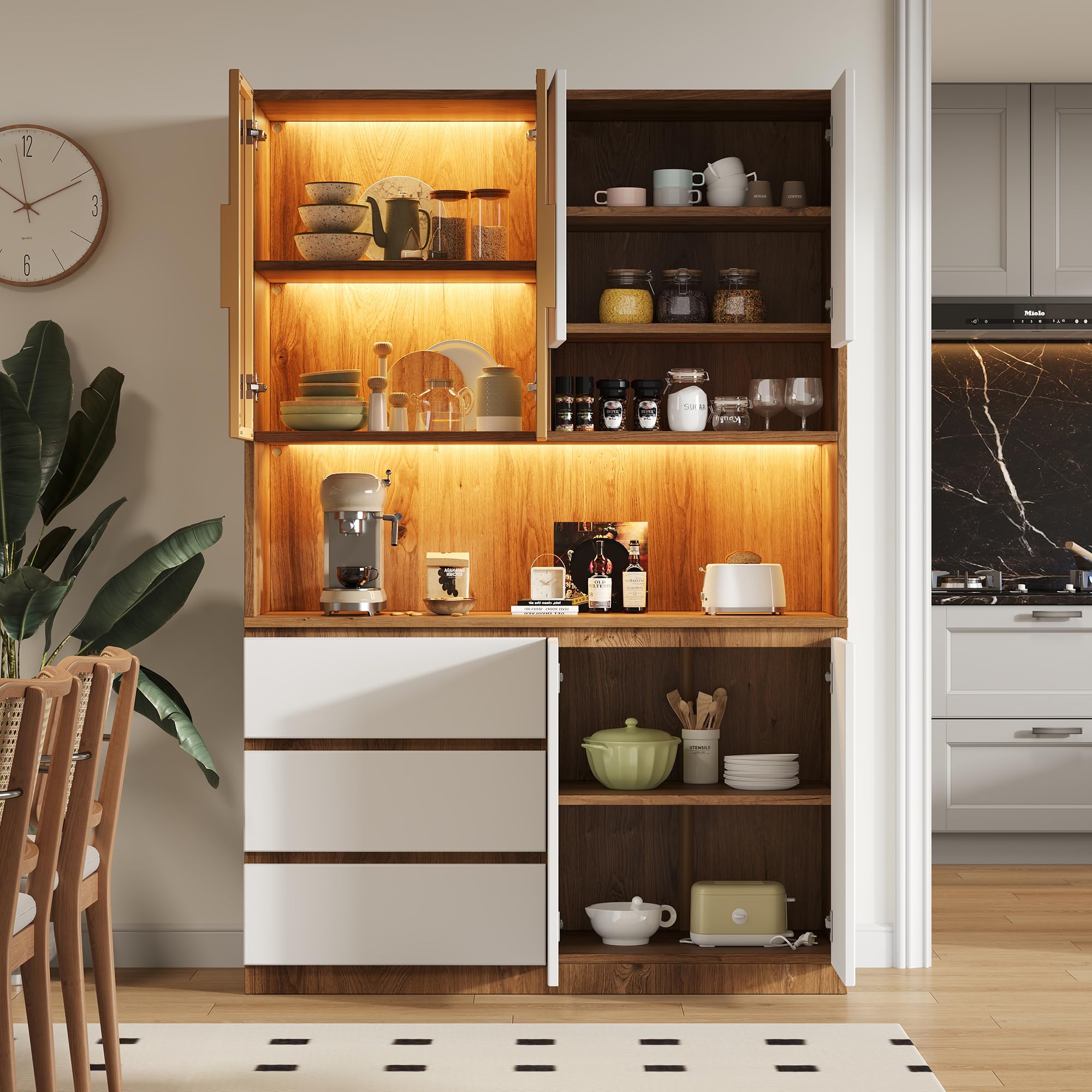 Armadi da cucina, vetrine da cucina con illuminazione a LED, armadi multifunzionali con 3 cassetti, 6 ante e ripiani per riporre stoviglie, forno a microonde. Dimensioni: 120,5 × 40 × 180 cm