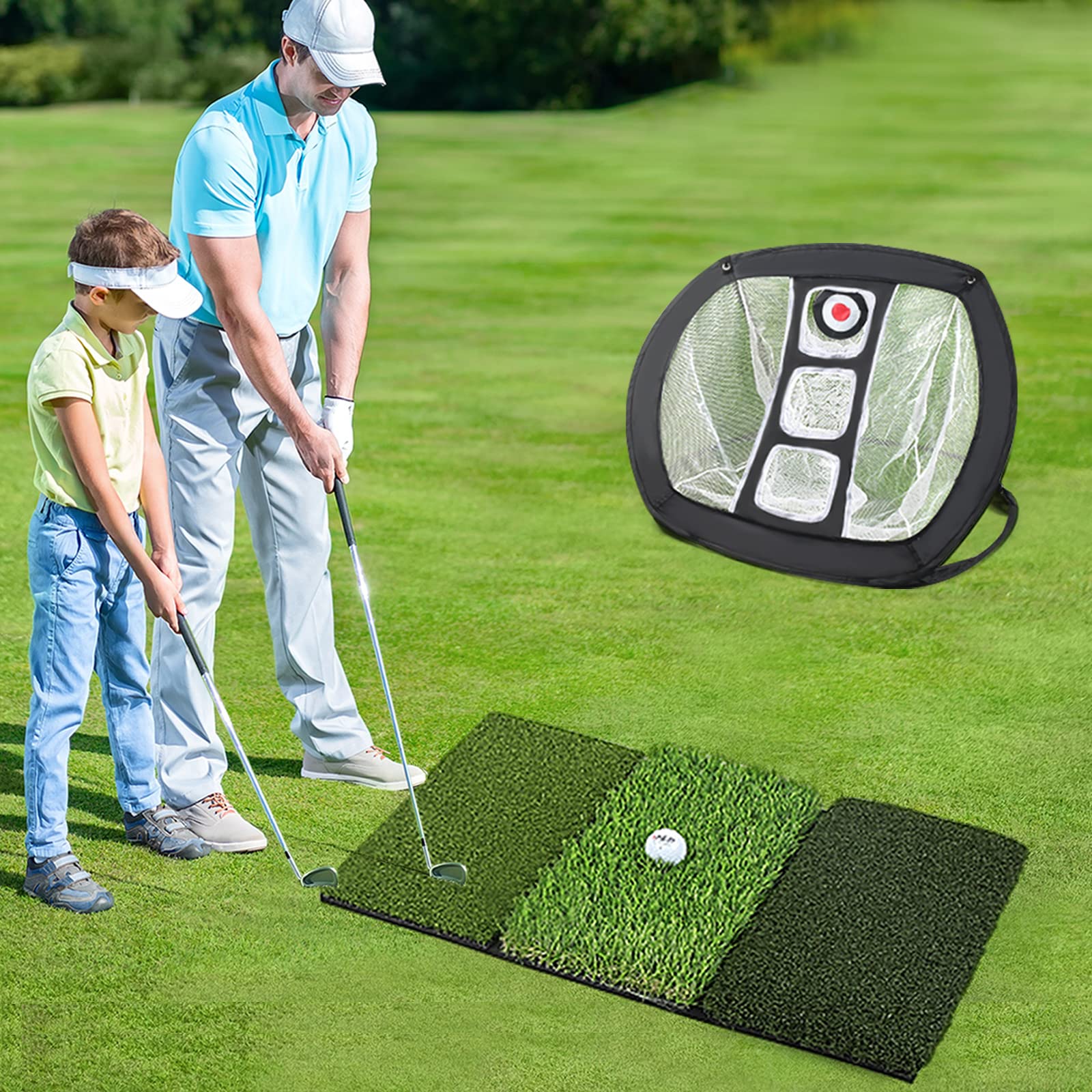 Tri-Turf Golf Mat with Training Net, Portable Golf Hitting Mat & Golf Chipping Net Set for Swing Golfing Practice - Heavy Duty Folding Turf Indoor/Outdoor Pad
