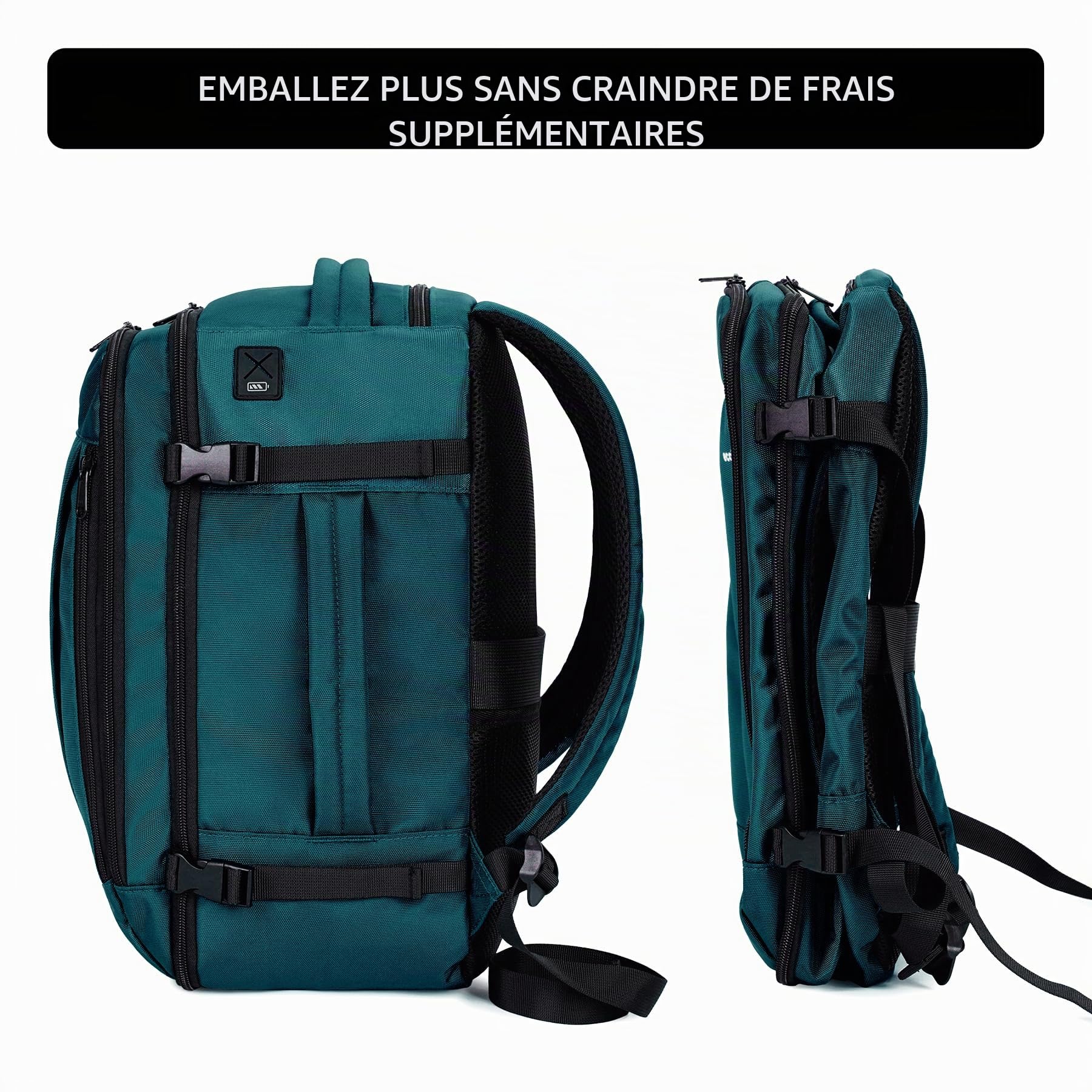 ECOHUB Bagage Cabine 45x36x20 Easyjet, 30L Sac a Dos de Voyage Cabine Avion Imperméable, Bagage a Main Sous Le Siège PET Recyclé, Valise Cabine Easyjet Homme Femme, Brevet en Cours, Bleu vert
