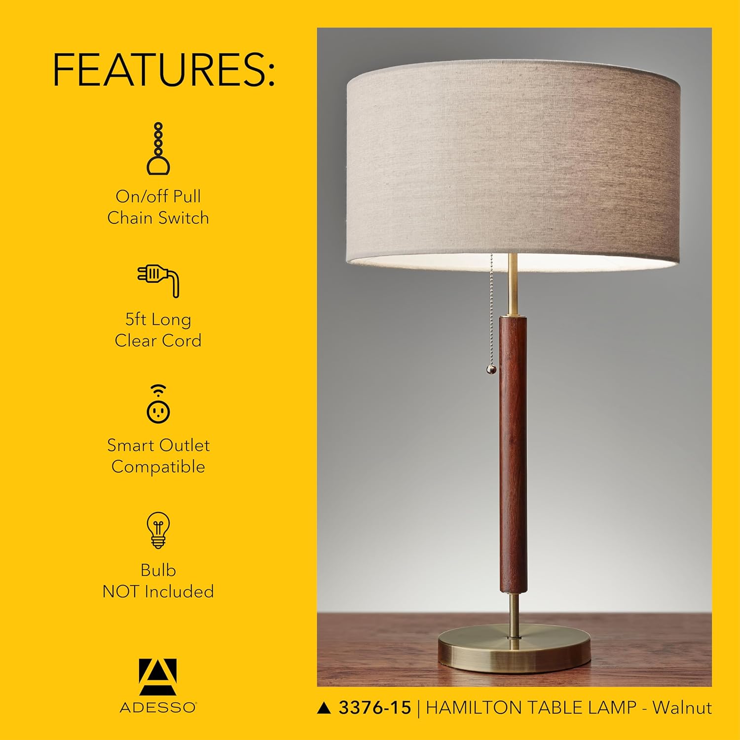 Adesso 3376-15 Hamilton Table Lamp, 26.25 in, 100W Incandescent/26W CFL, Walnut Eucalyptus Wood/Antique Brass, 1 Modern Lamp, Brown