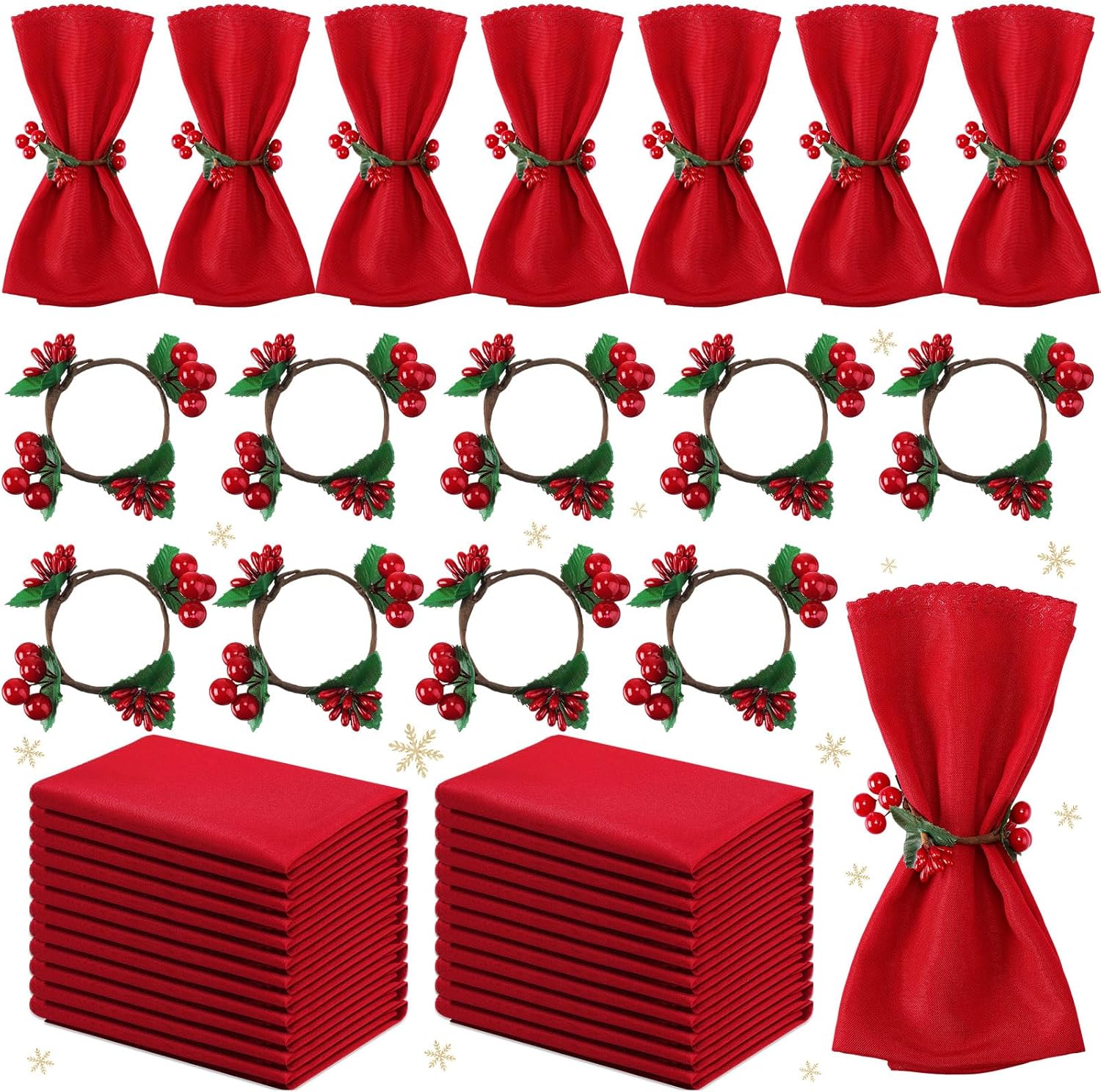 Sliner 48 Pcs Christmas Napkins & Rings Set 24 Red Cloth Napkins 24 Christmas Napkin Rings for Holiday Dinner Party Table Decoration(Simple Style)